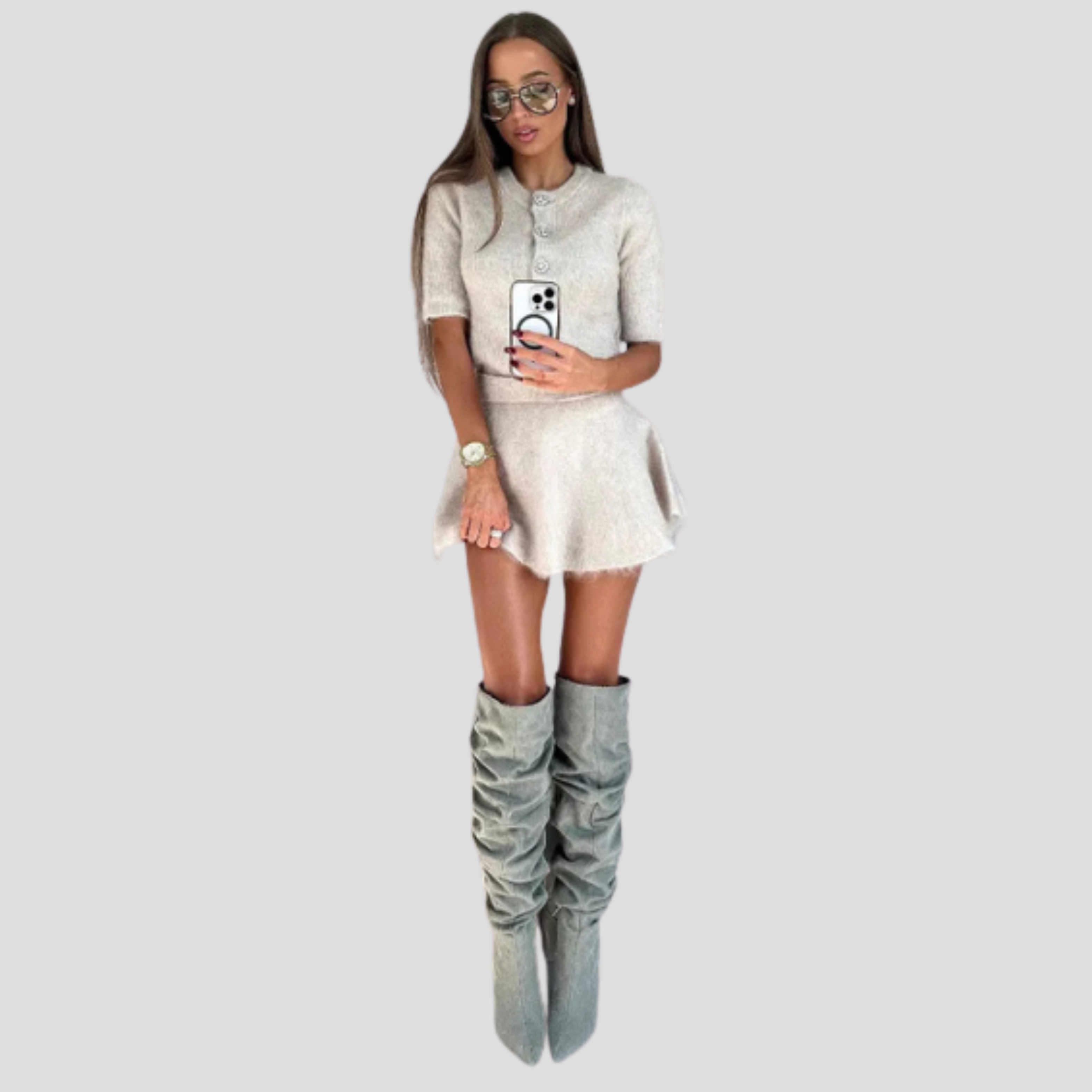 Women Knit Set | Jewel Button Upper Form & Flared Mini Skirt Alignment for Seasonal Wear