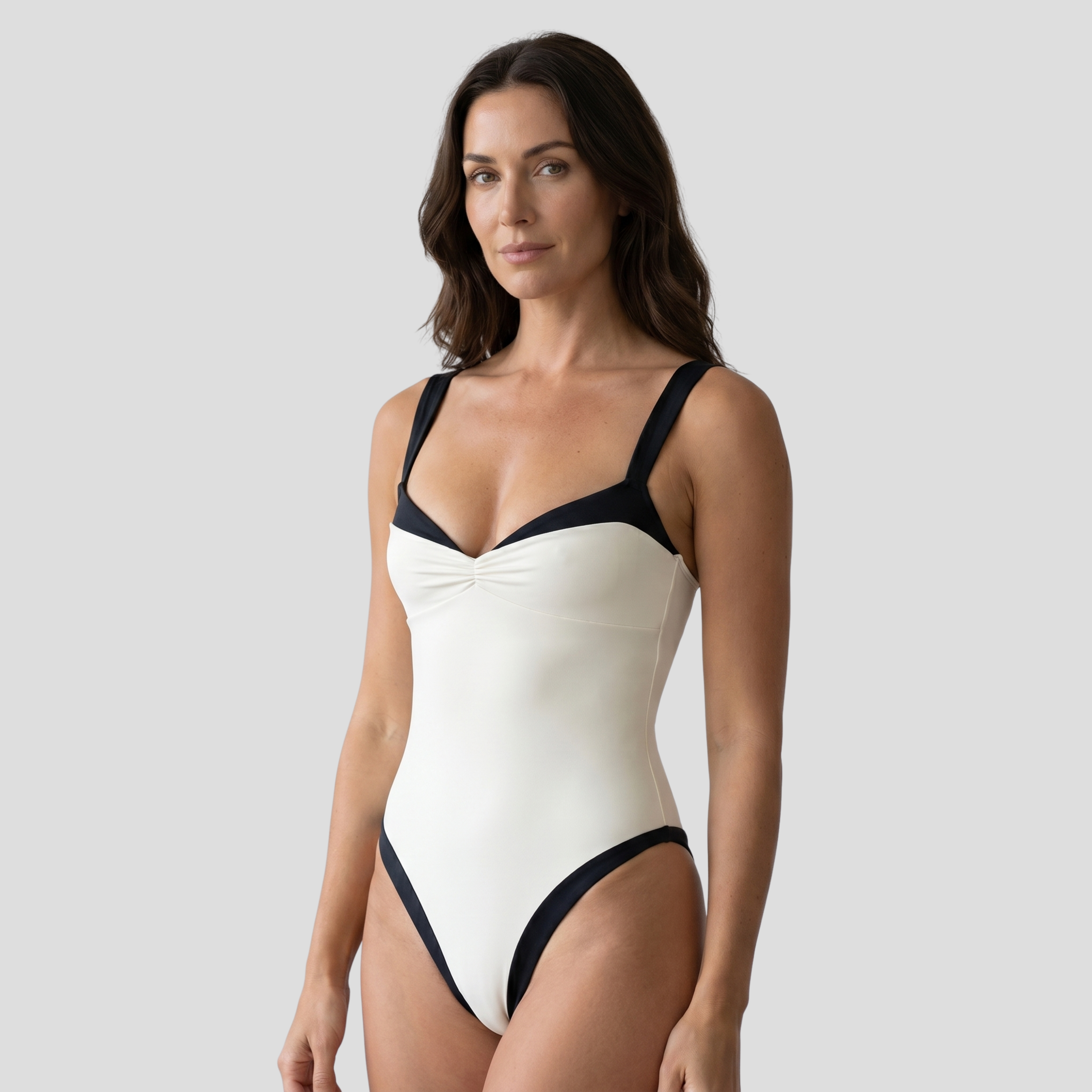 Women One-Piece Swimsuit | Sweetheart Neckline Form & Contrast Trim Alignment for Swimwear