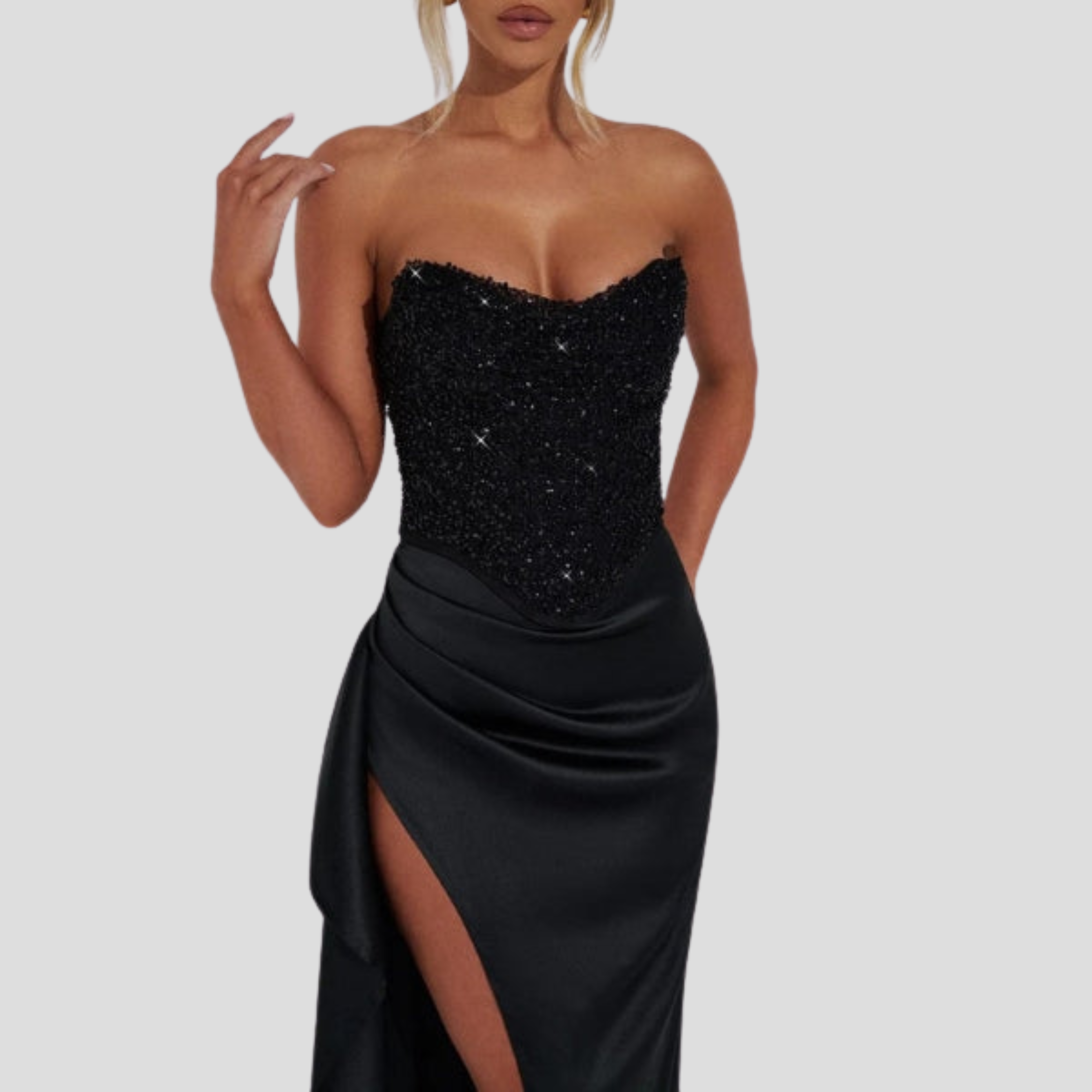 Women Maxi Dress | Beaded Bodice Detail & Strapless High-Slit Silhouette for Evening Wear