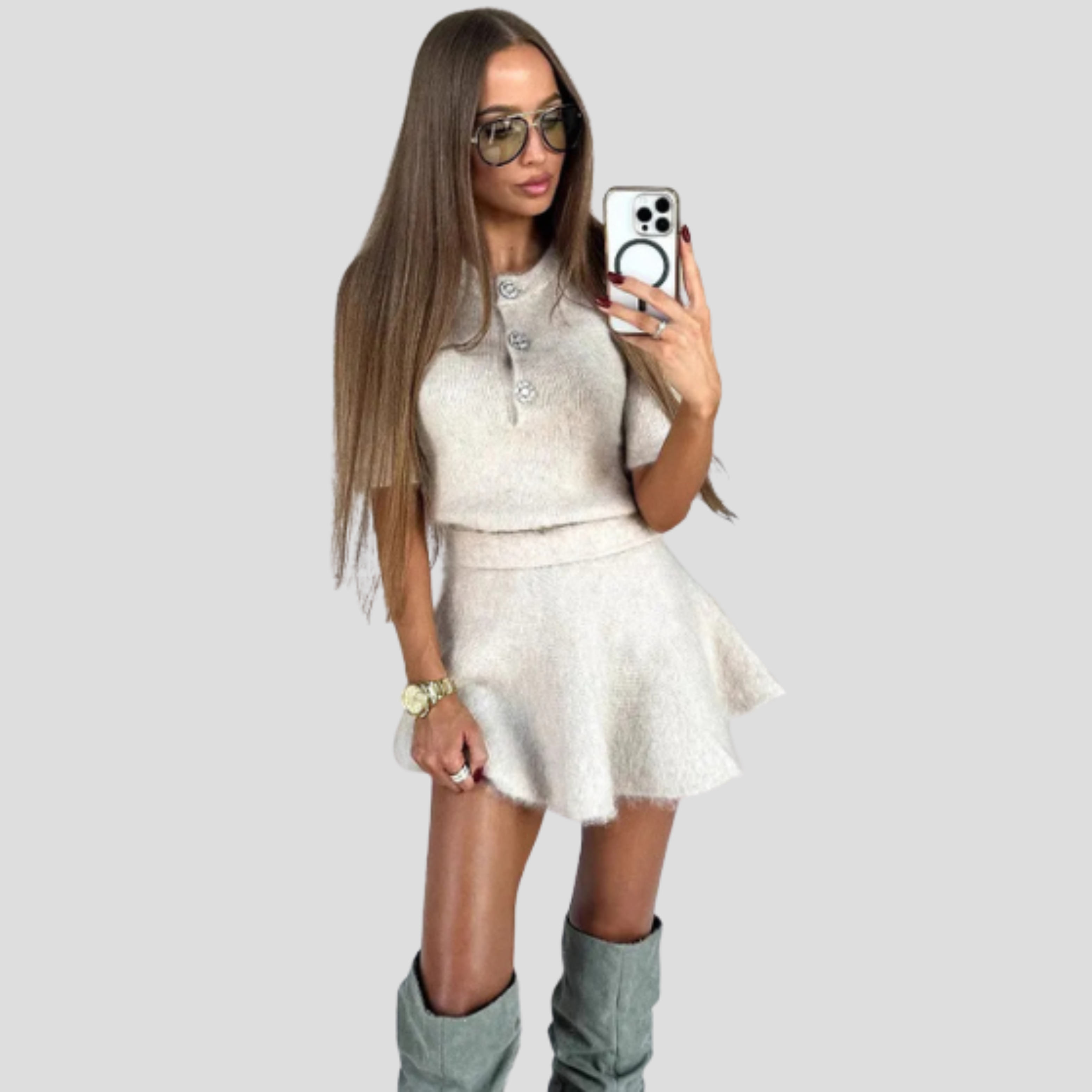 Women Knit Set | Jewel Button Upper Form & Flared Mini Skirt Alignment for Seasonal Wear