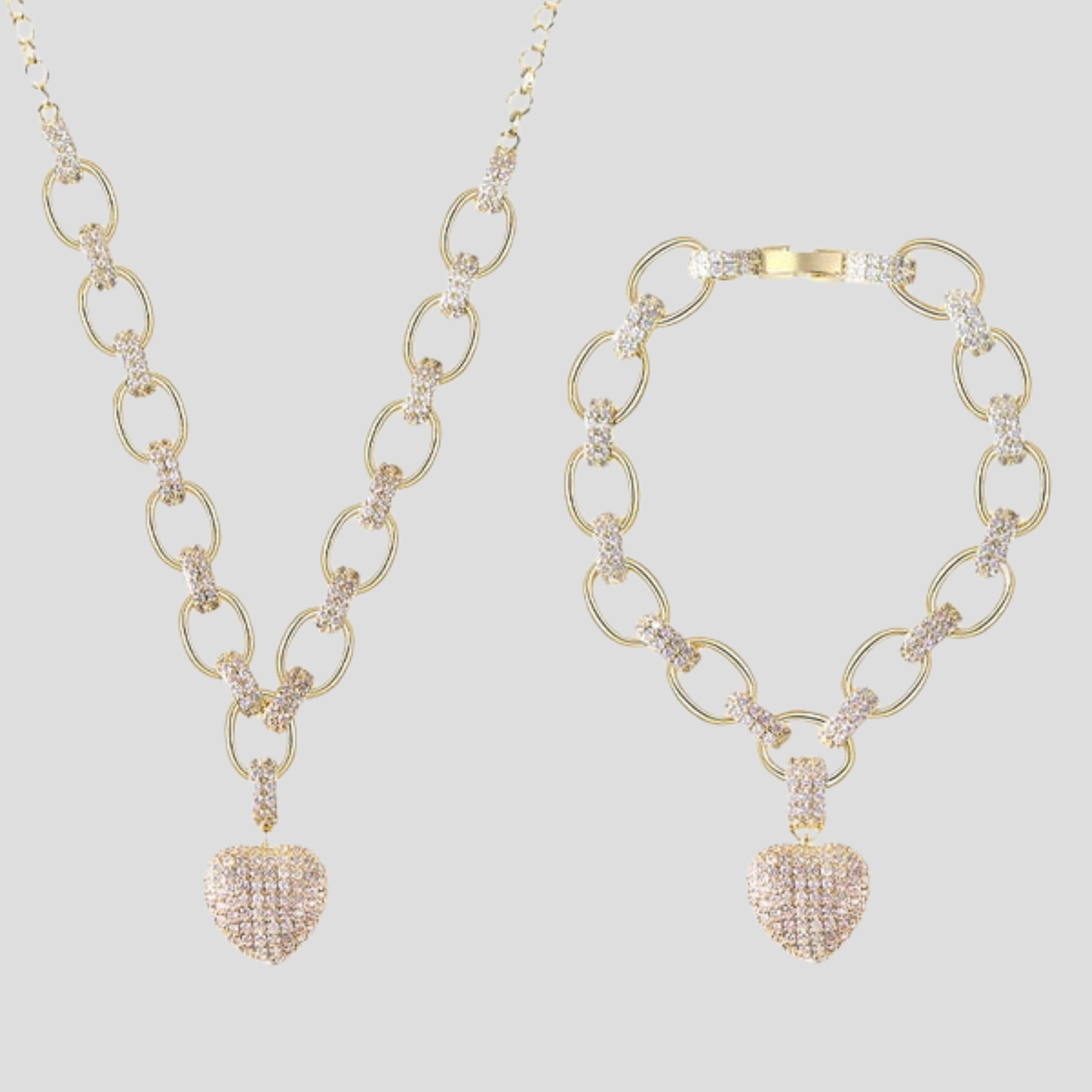 Women Jewelry Set | Oval Chain Structure & Pavé Heart Pendant Detail for Daily and Evening Styling