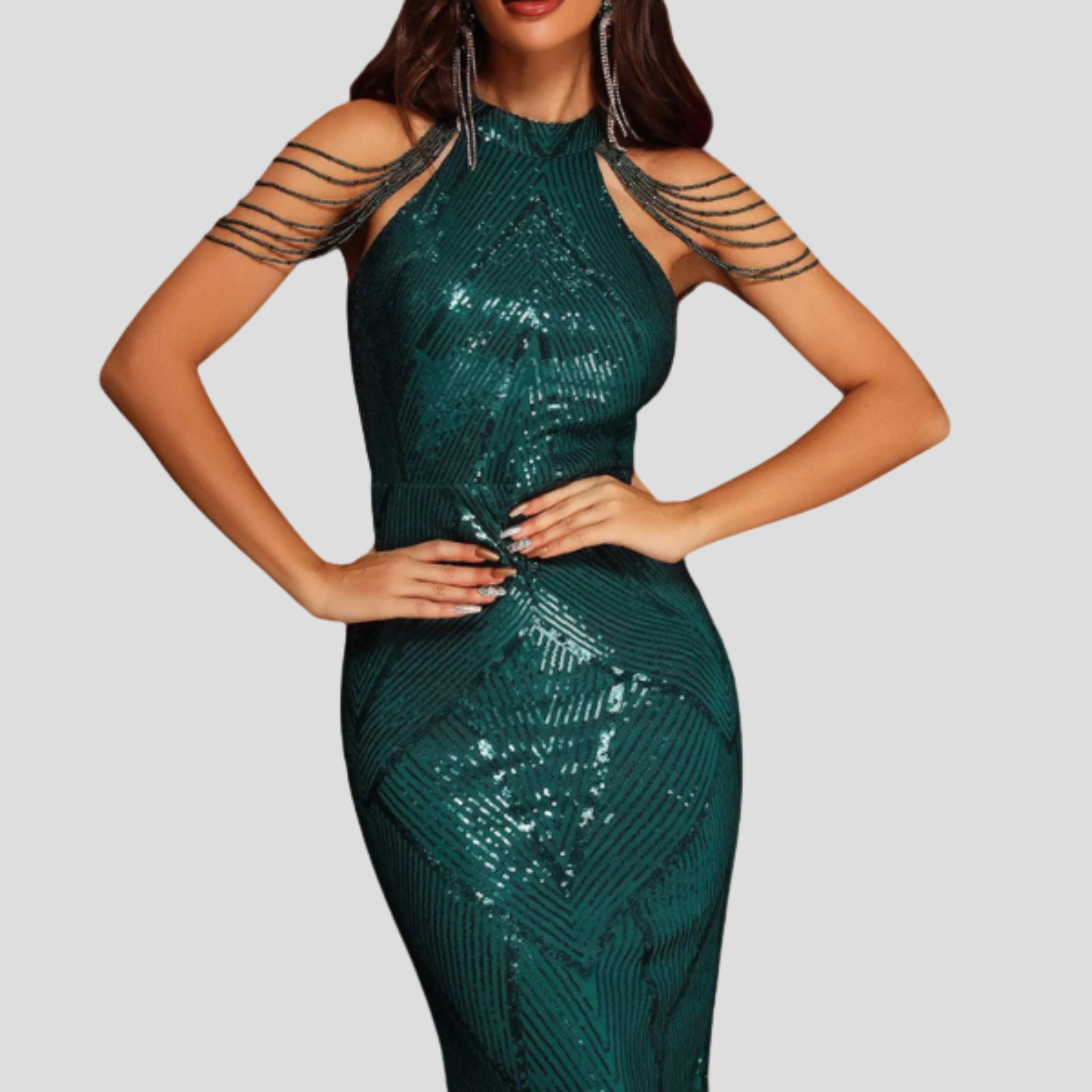 Women Evening Dress | Halter Neckline Detail & Fitted Sequin Silhouette for Formal Wear