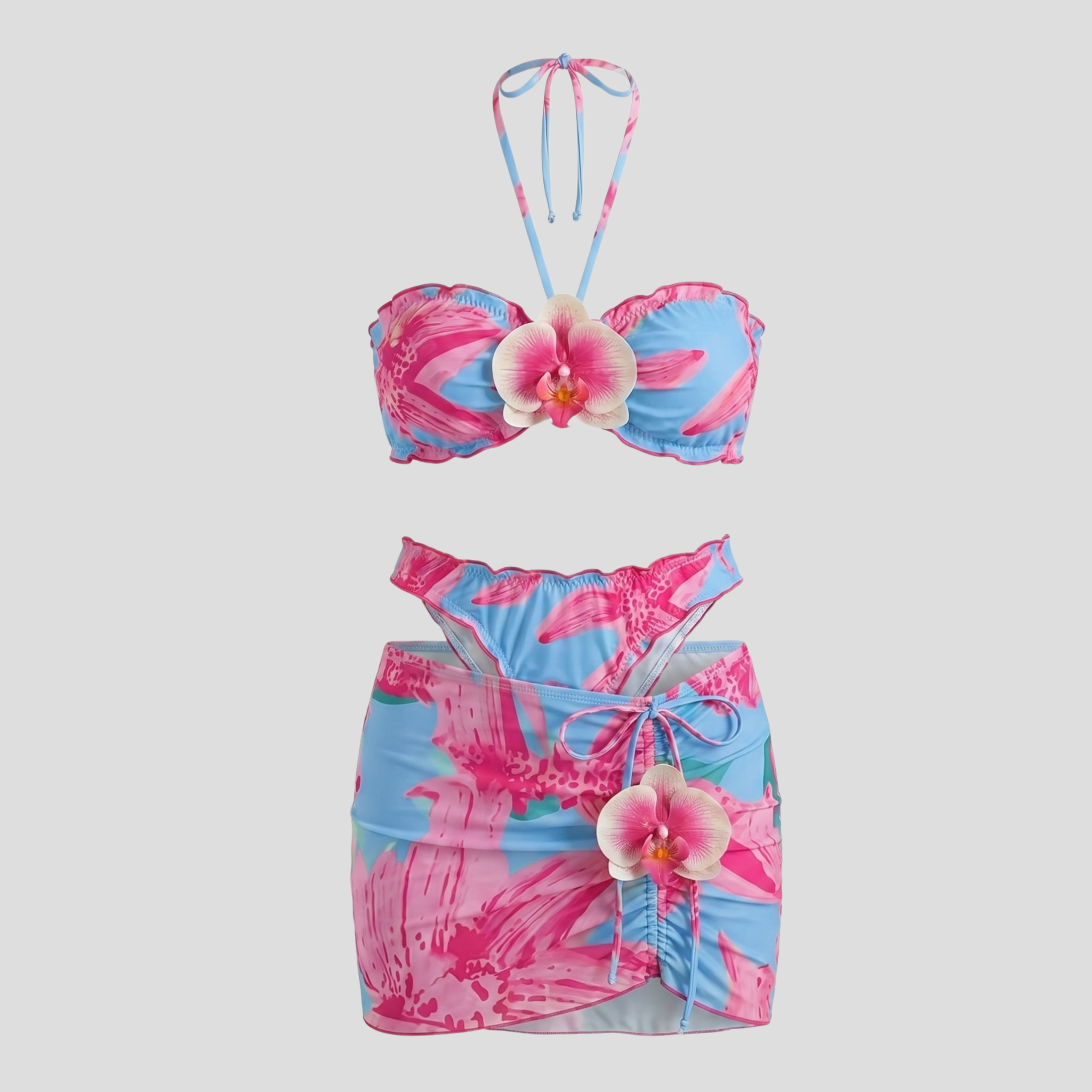 Women Three-Piece Resort Set | Floral Pattern Form & Wrap-Skirt Alignment for Beachwear
