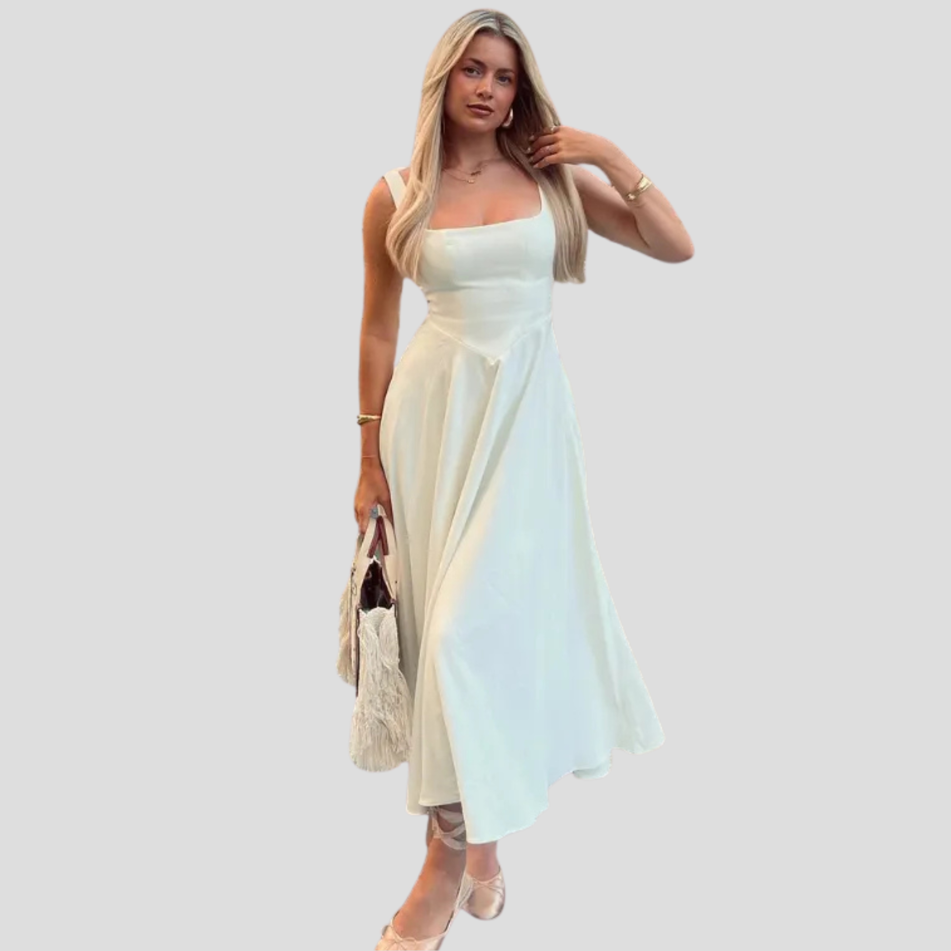 Women Midi Dress | Square Neckline Detail & A-Line Silhouette for Formal Wear