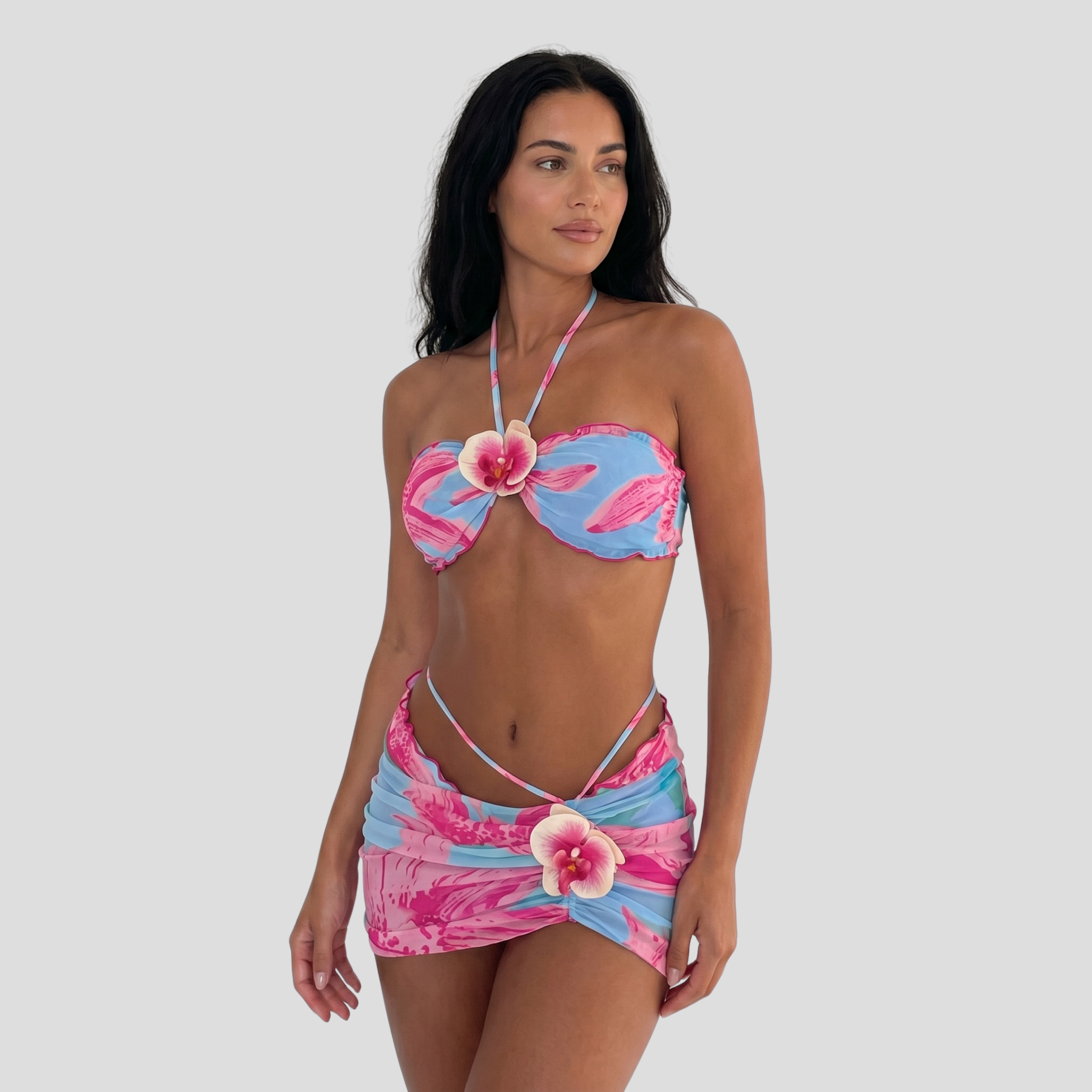 Women Three-Piece Resort Set | Floral Pattern Form & Wrap-Skirt Alignment for Beachwear