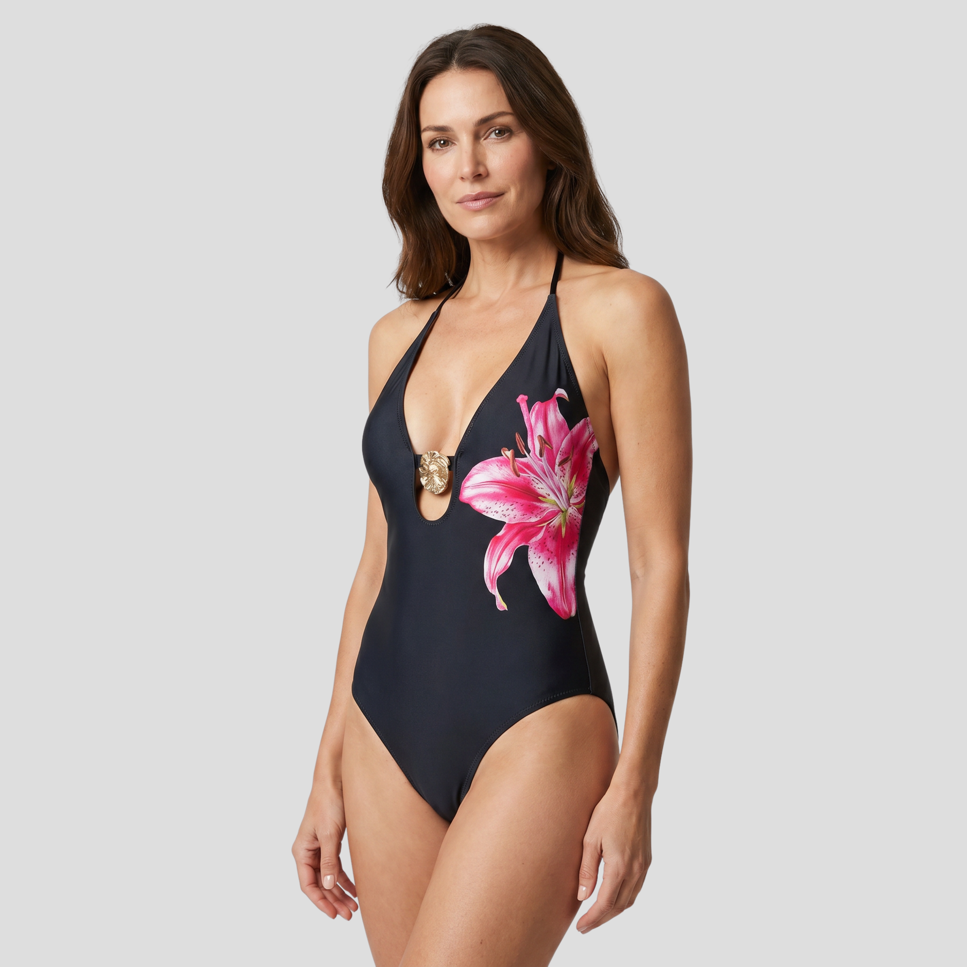 Women One-Piece Swimsuit | Deep-V Neckline Form & Floral Pattern Alignment for Swimwear
