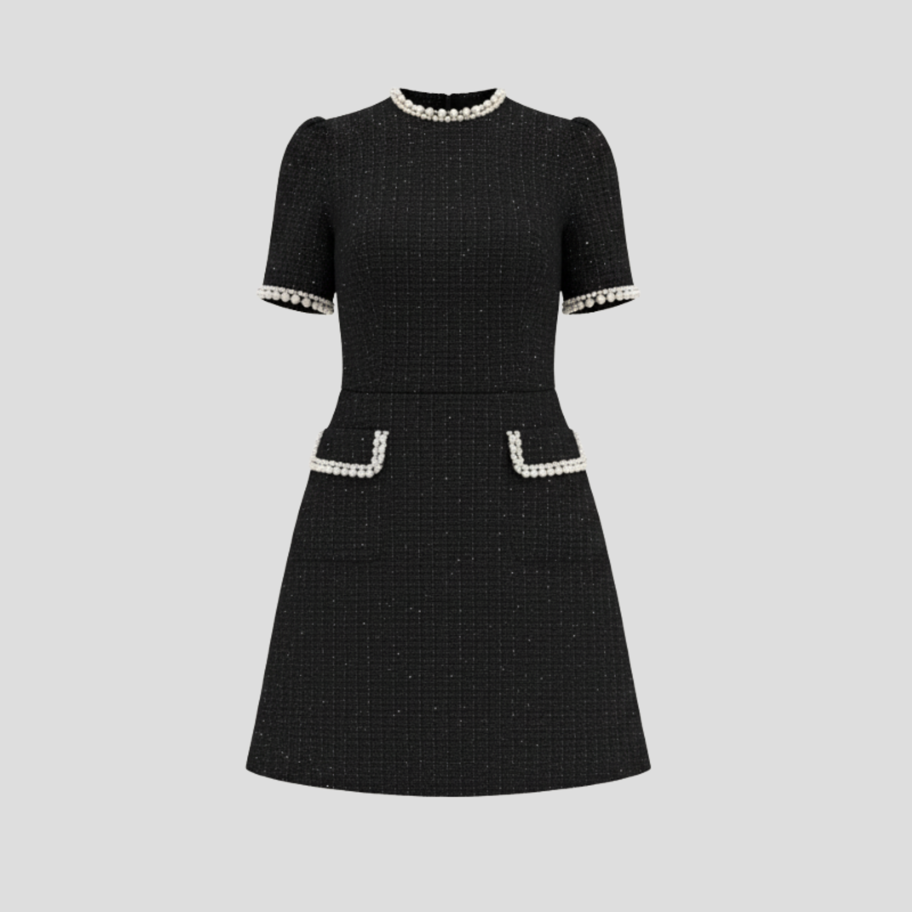 Women Mini Dress | Mock Neck Detail & Pearl-Trim Structured Silhouette for Evening Wear
