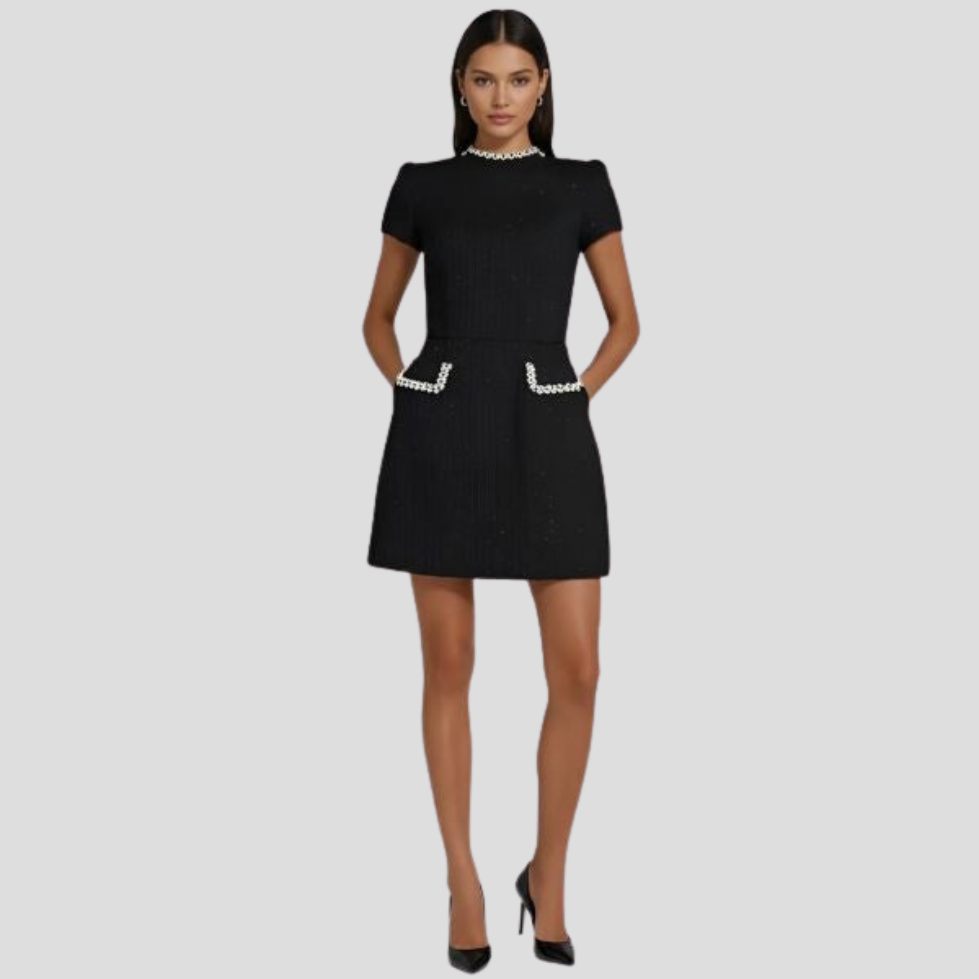Women Mini Dress | Mock Neck Detail & Pearl-Trim Structured Silhouette for Evening Wear