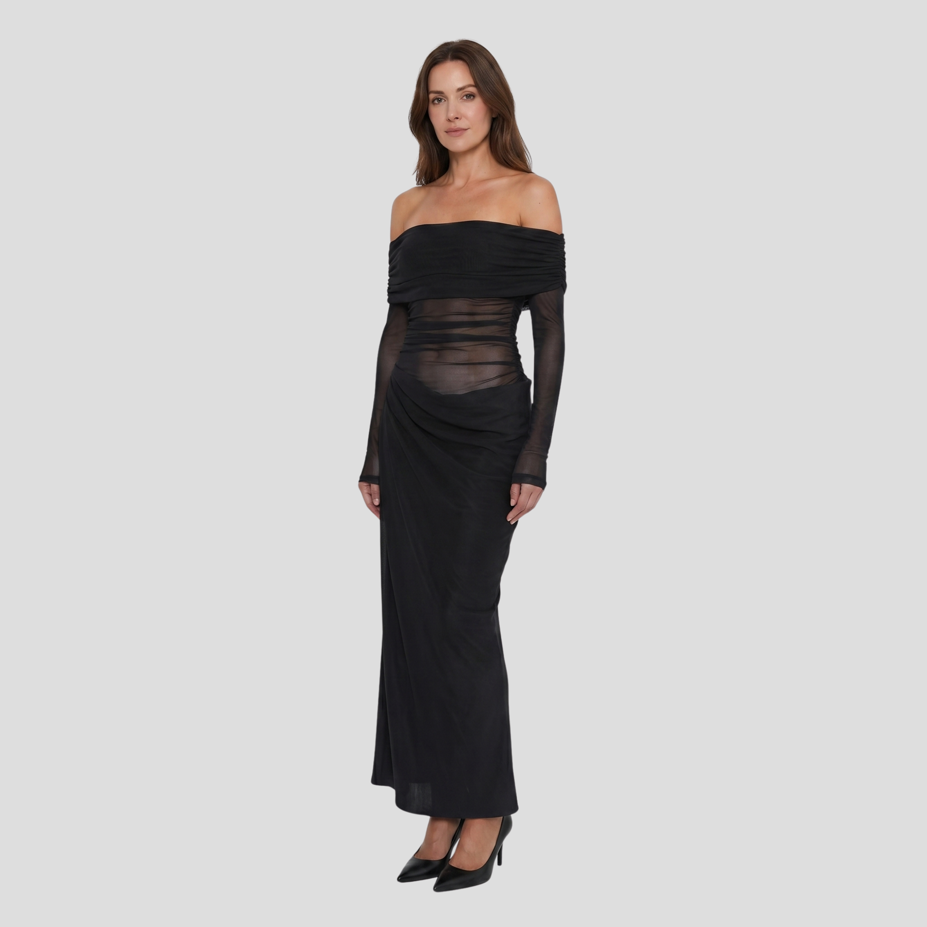Women Maxi Dress | Off-Shoulder Drape Form & Sheer Detail Alignment for Occasion Wear