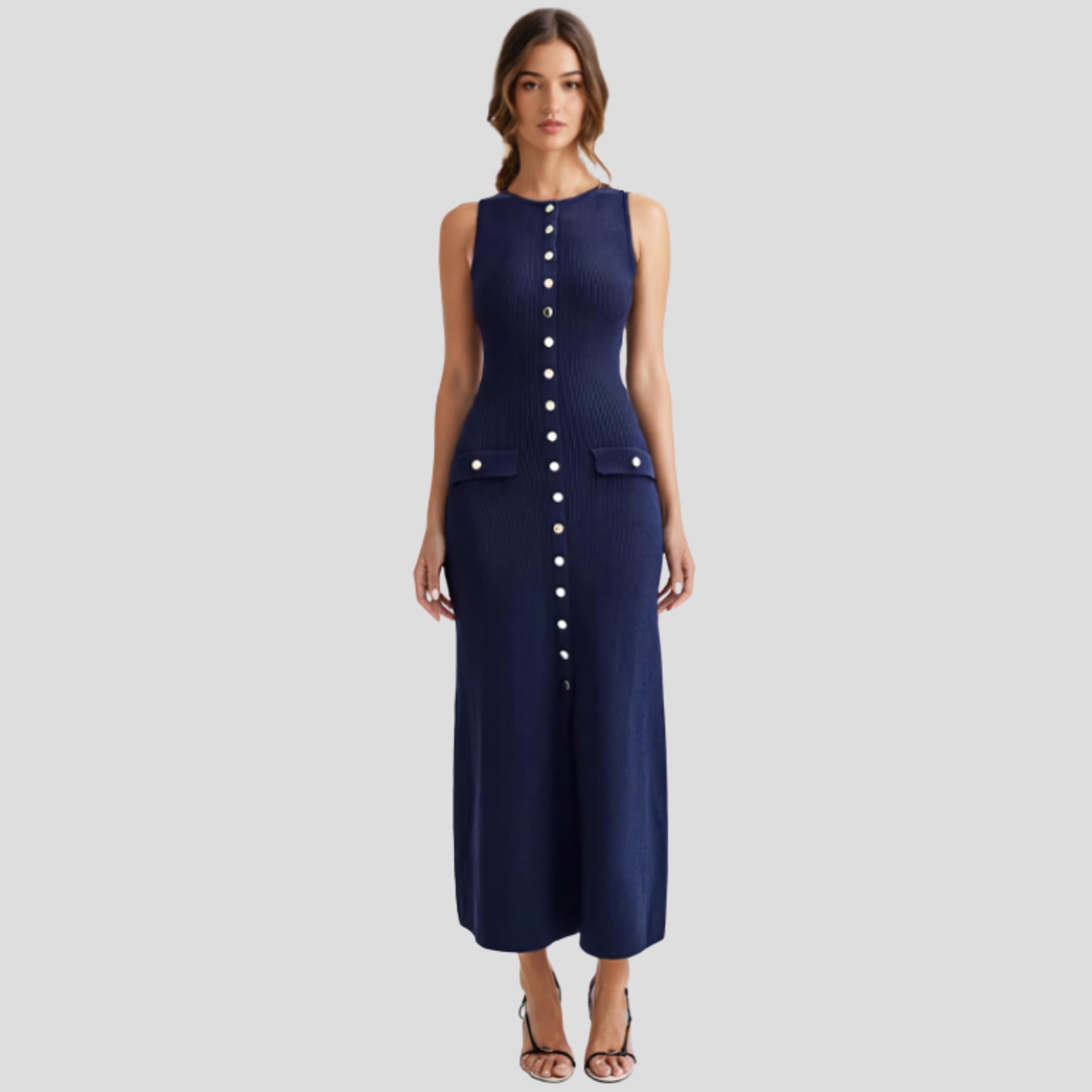 Women Midi Dress | Sleeveless Silhouette & Button-Front Detail for Daily Wear