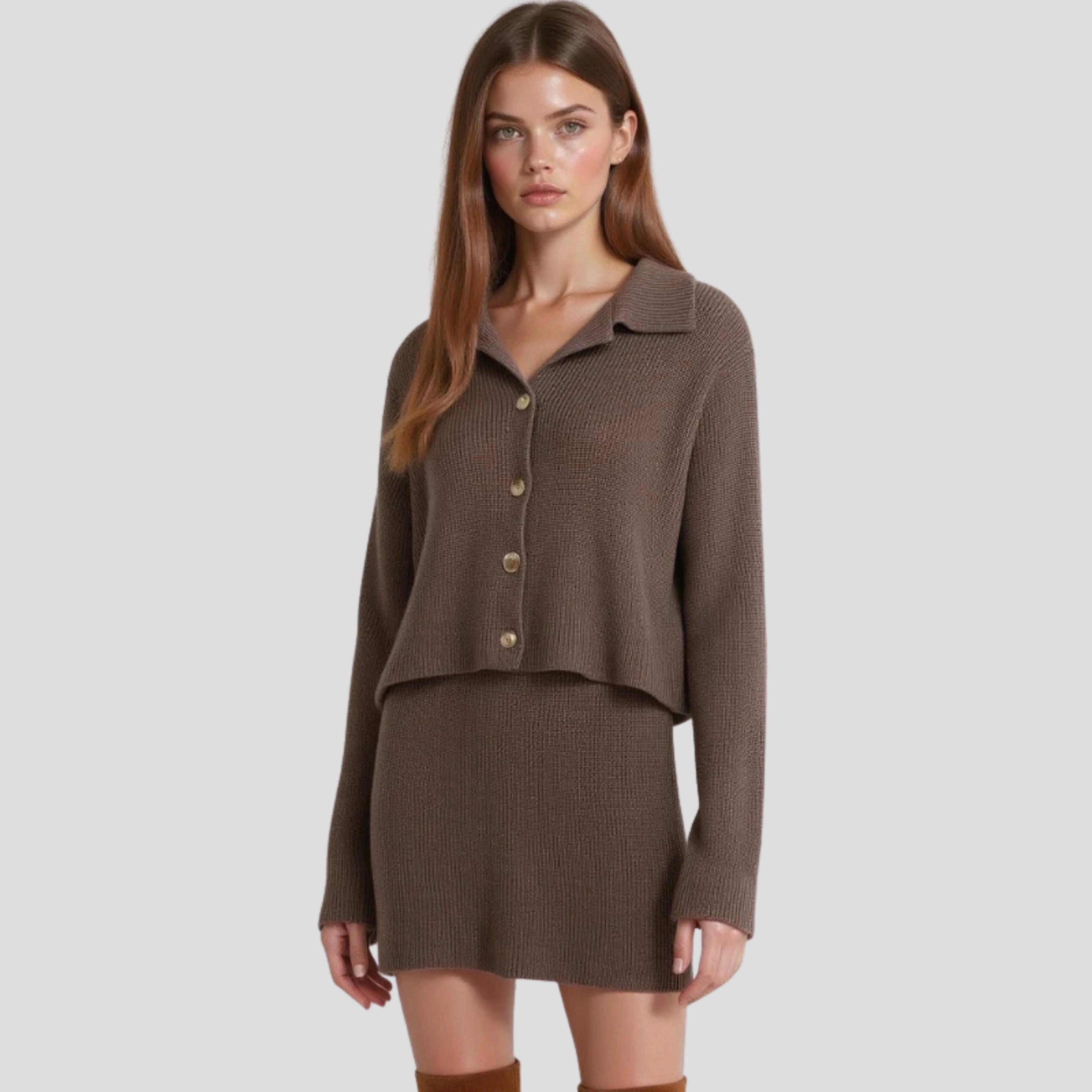 Women Knit Set | Cardigan Upper Form & Coordinated Skirt Alignment for Seasonal Wear