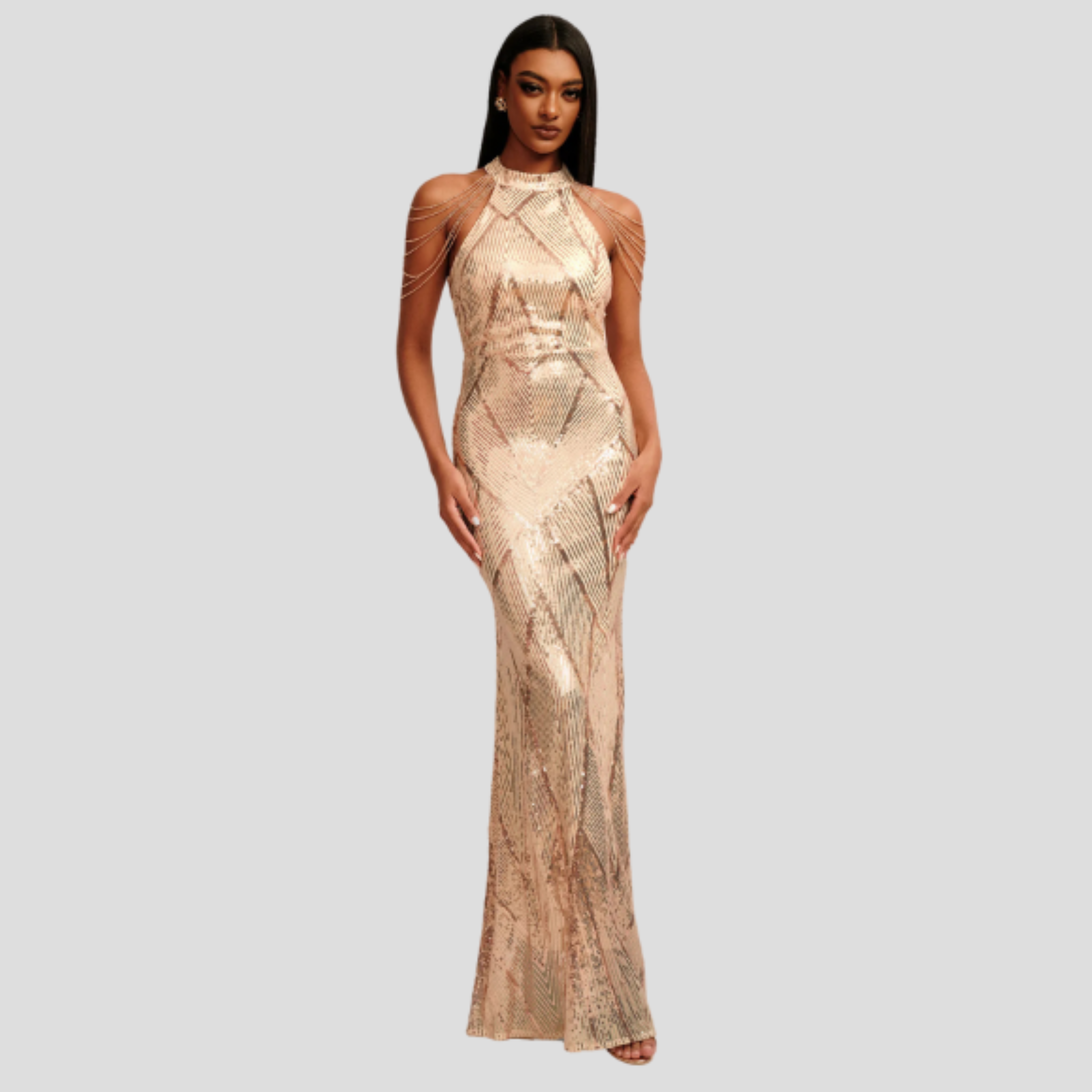 Women Evening Dress | Halter Neckline Detail & Fitted Sequin Silhouette for Formal Wear