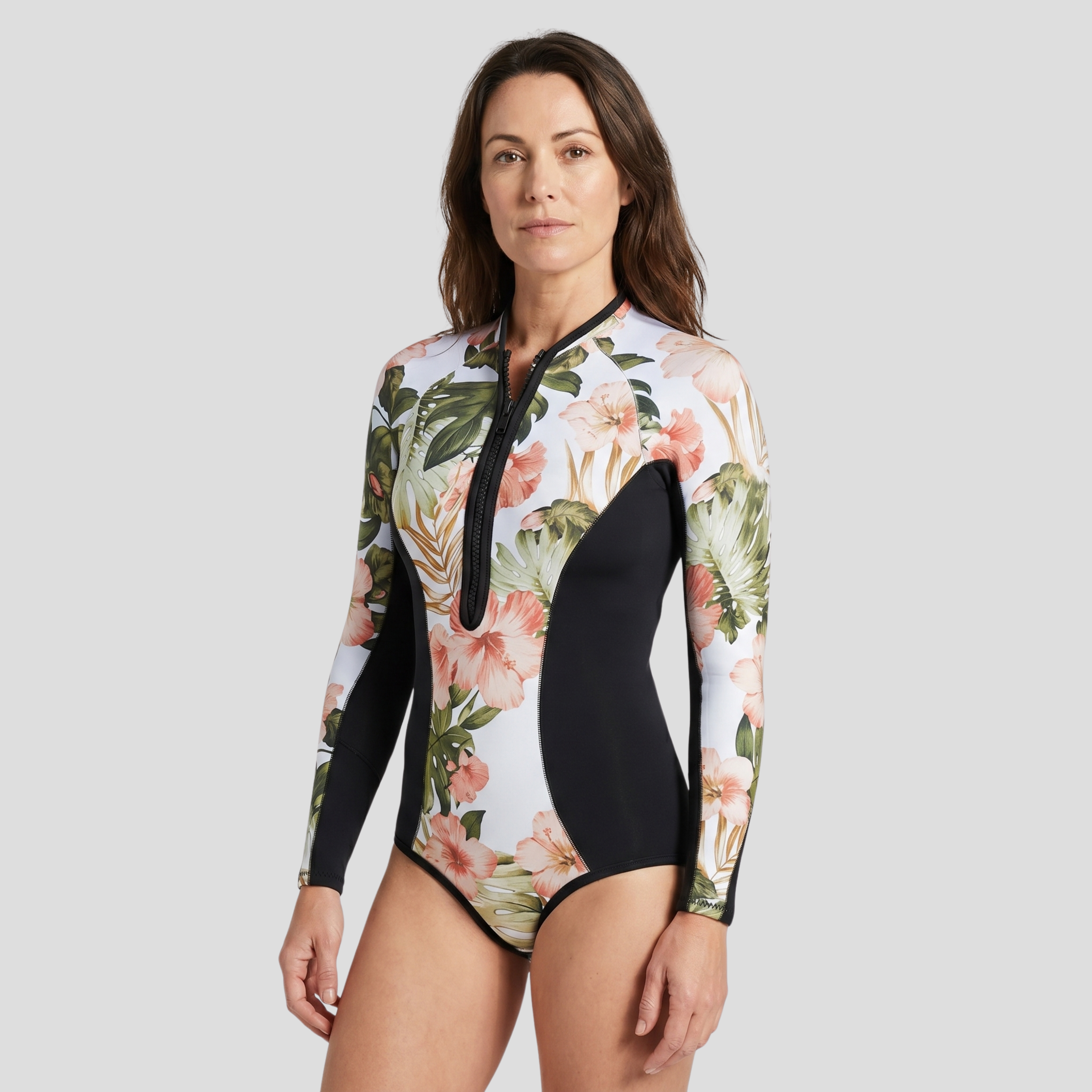 Women Long-Sleeve One-Piece Swimsuit | Zip-Front Neckline Form & Panel Alignment for Swimwear