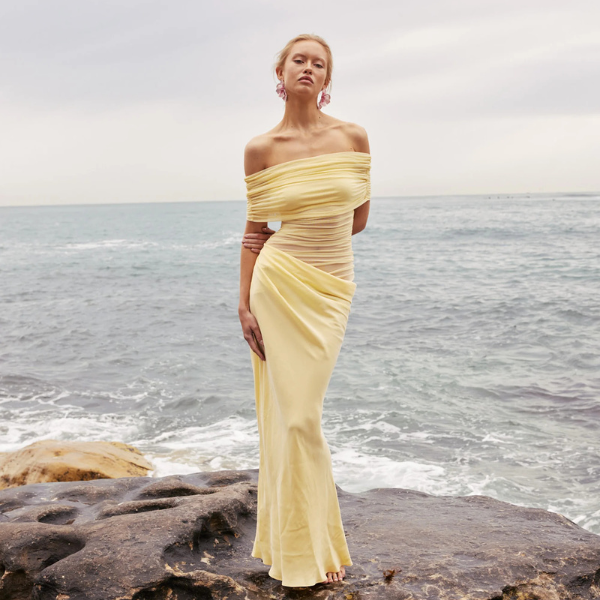 The Capri Off-Shoulder Draped Evening Maxi Dress