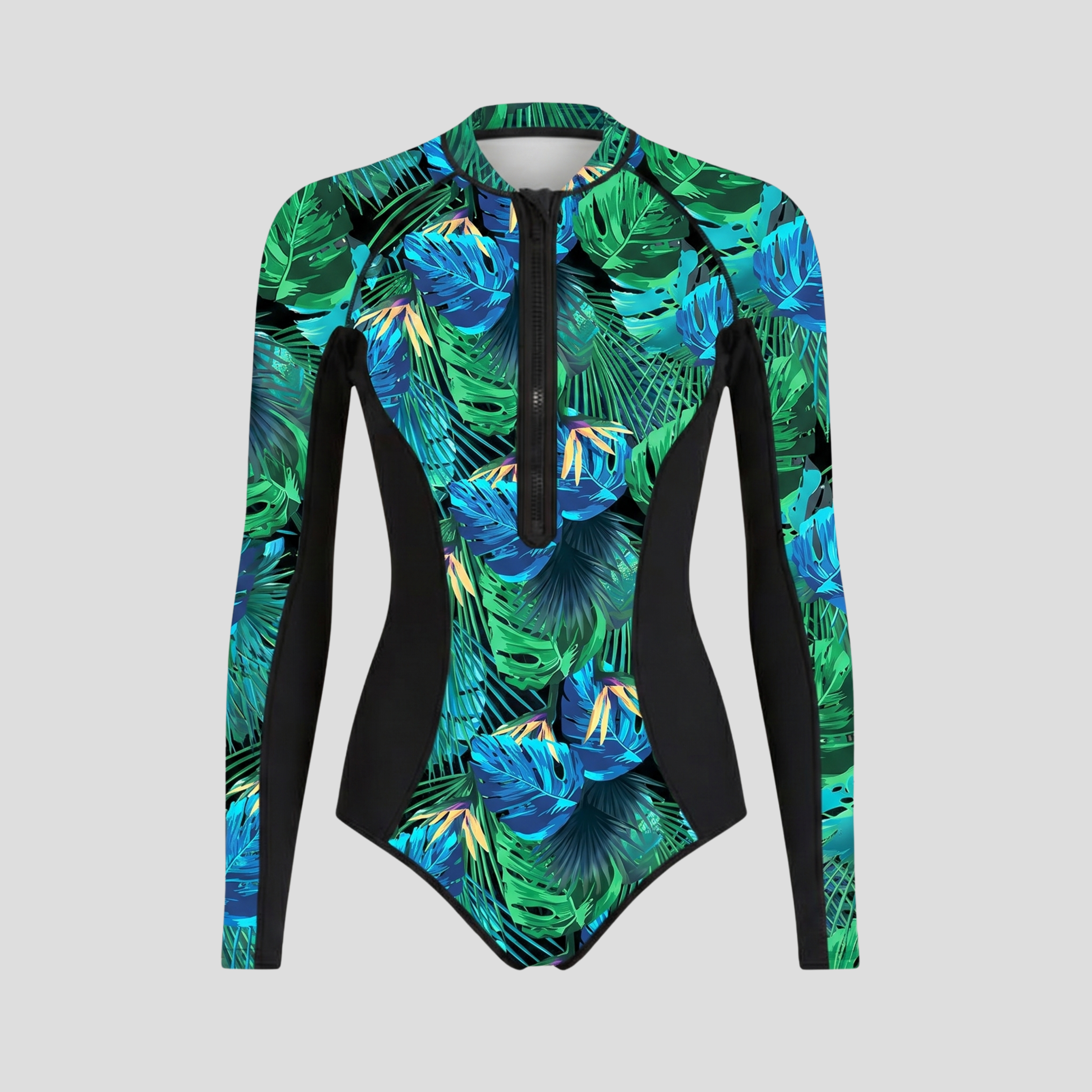 Women Long-Sleeve One-Piece Swimsuit | Zip-Front Neckline Form & Panel Alignment for Swimwear