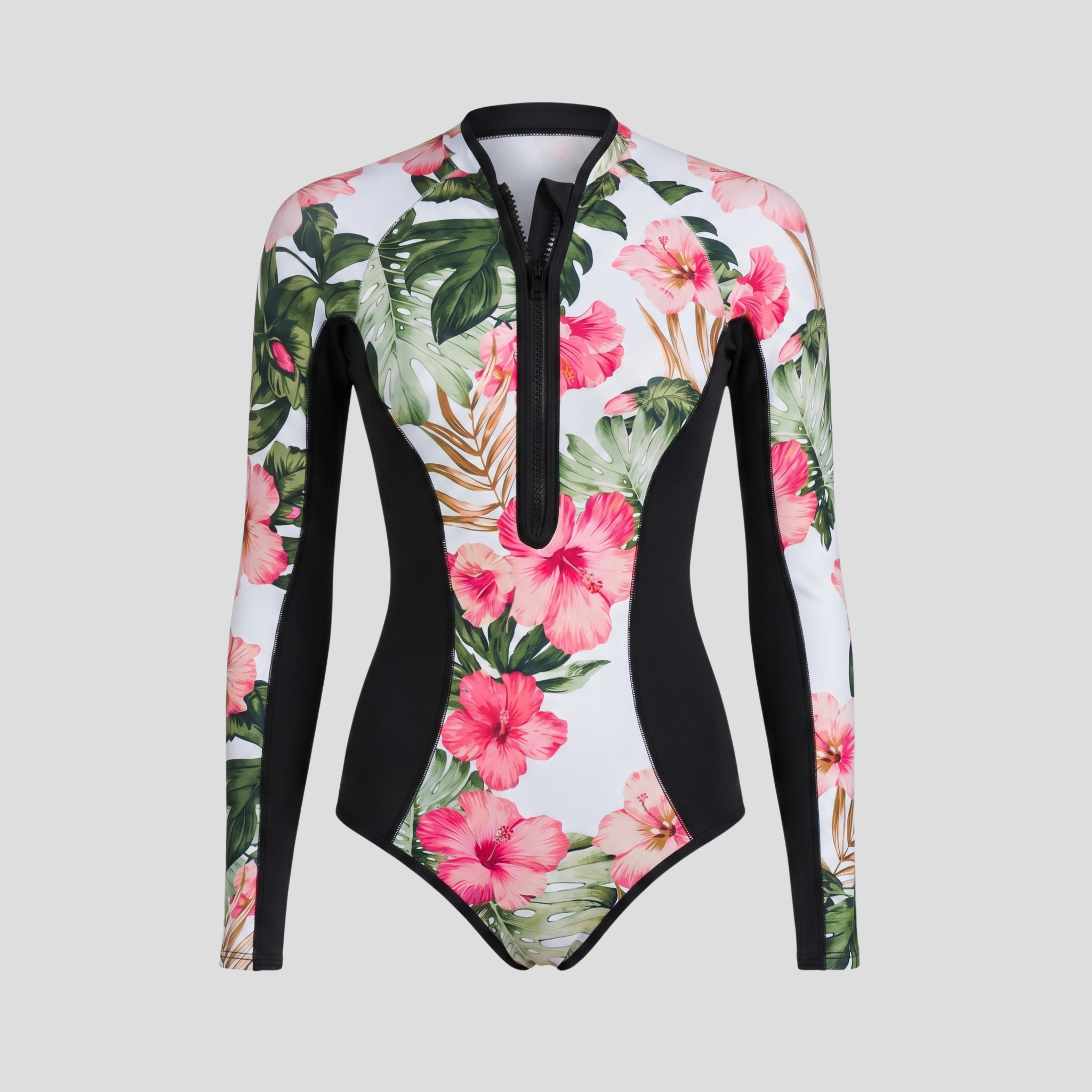 Women Long-Sleeve One-Piece Swimsuit | Zip-Front Neckline Form & Panel Alignment for Swimwear