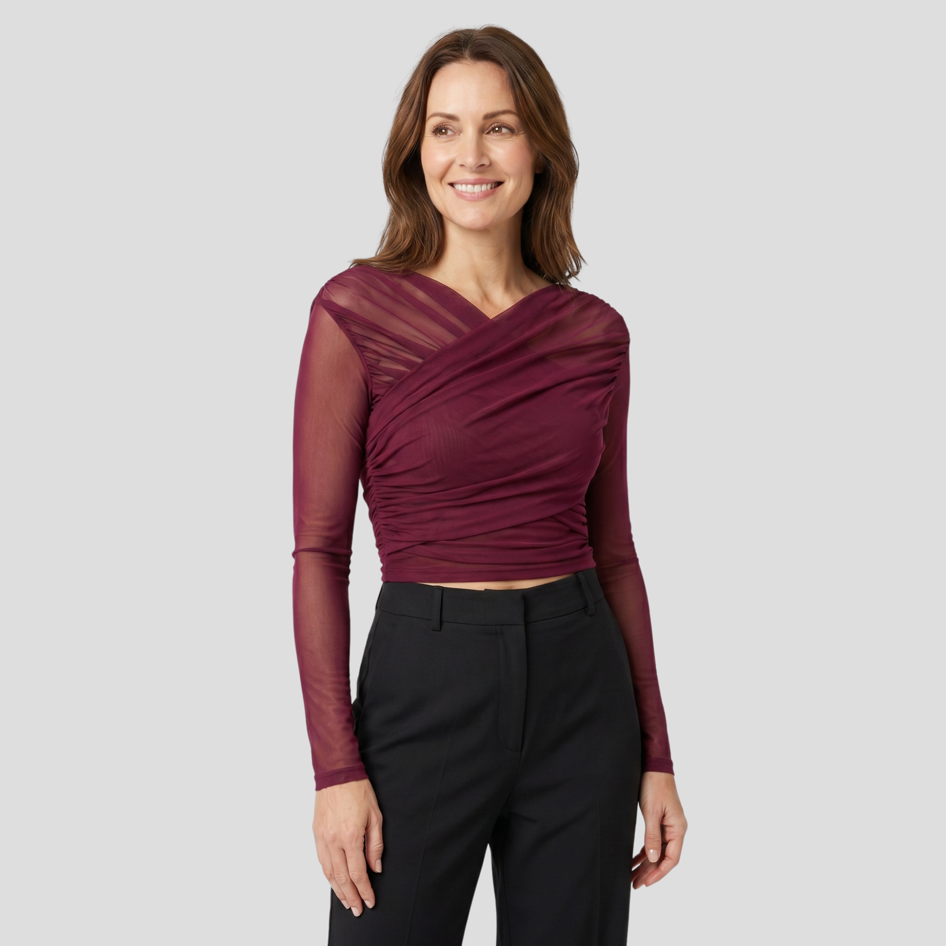 Women Wrap Top | Ruched Mesh Definition & Cross-Over Line Alignment for Occasion Wear