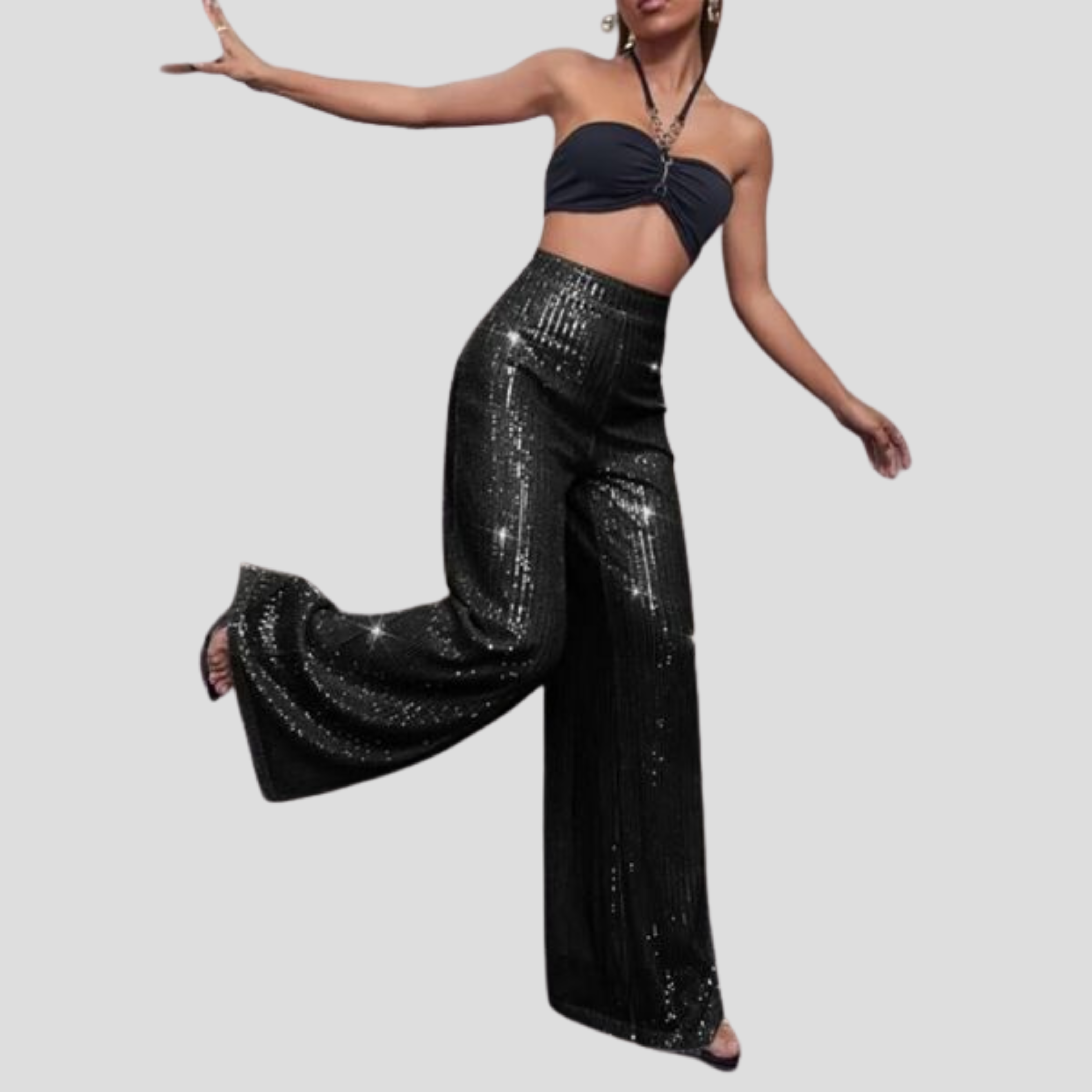 Women Pants | High-Waist Design & Wide-Leg Silhouette with Sequin Surface Detail