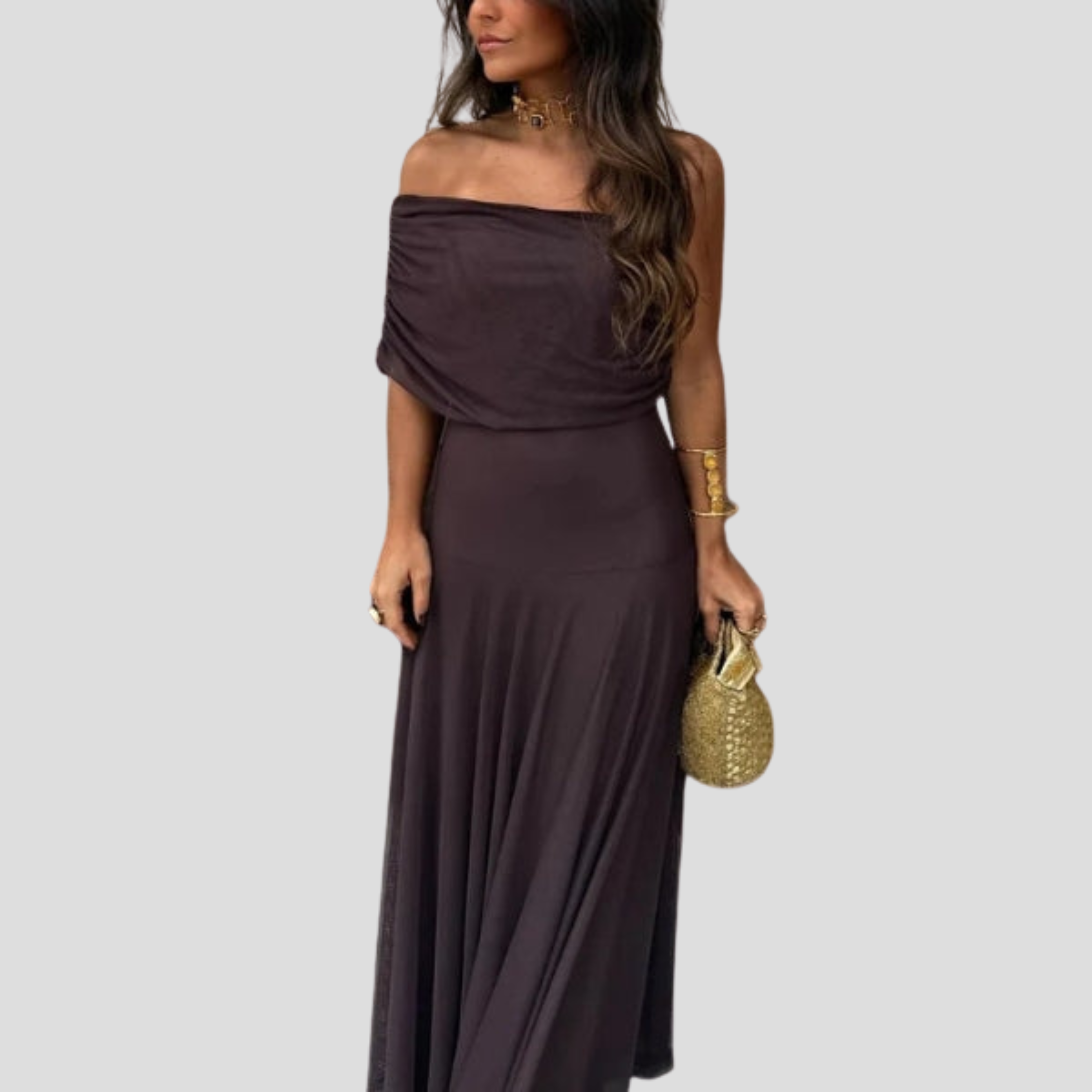 Women Maxi Dress | Off-Shoulder Neckline & Sheer Overlay Silhouette for Evening Wear