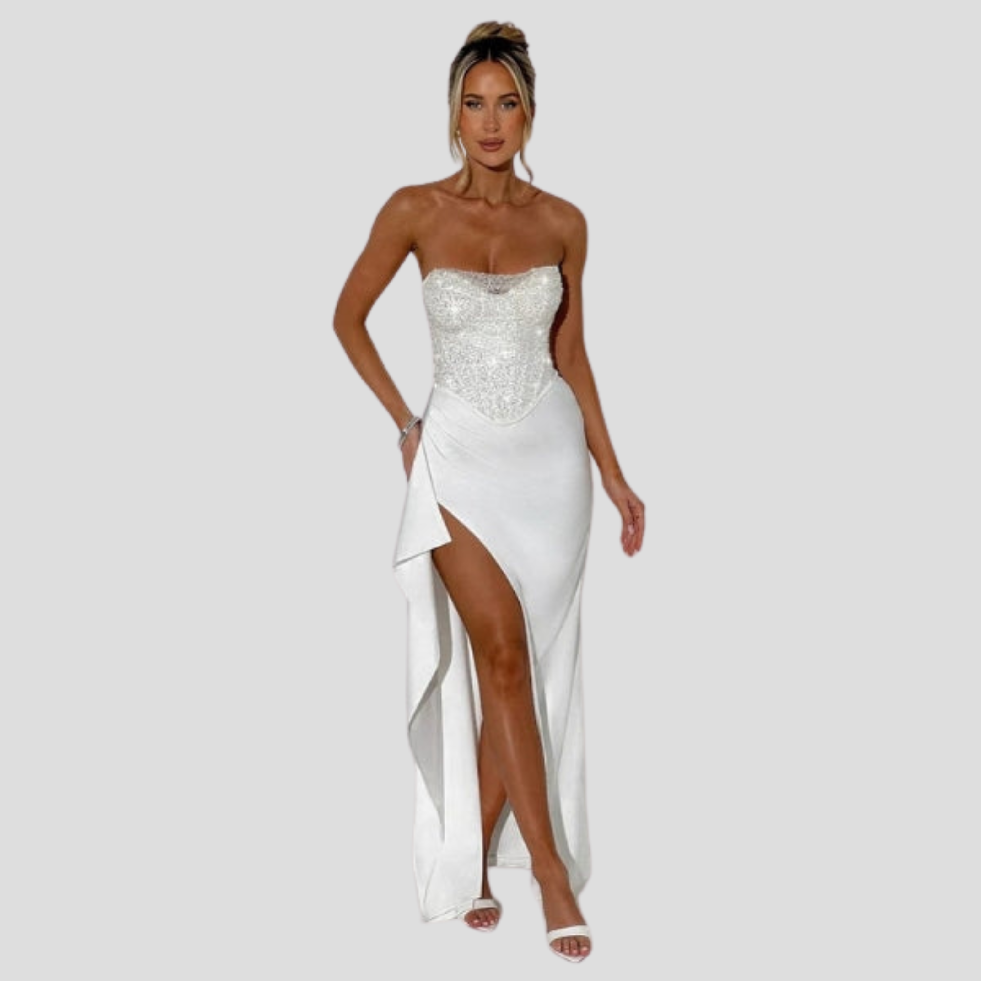 Women Maxi Dress | Beaded Bodice Detail & Strapless High-Slit Silhouette for Evening Wear