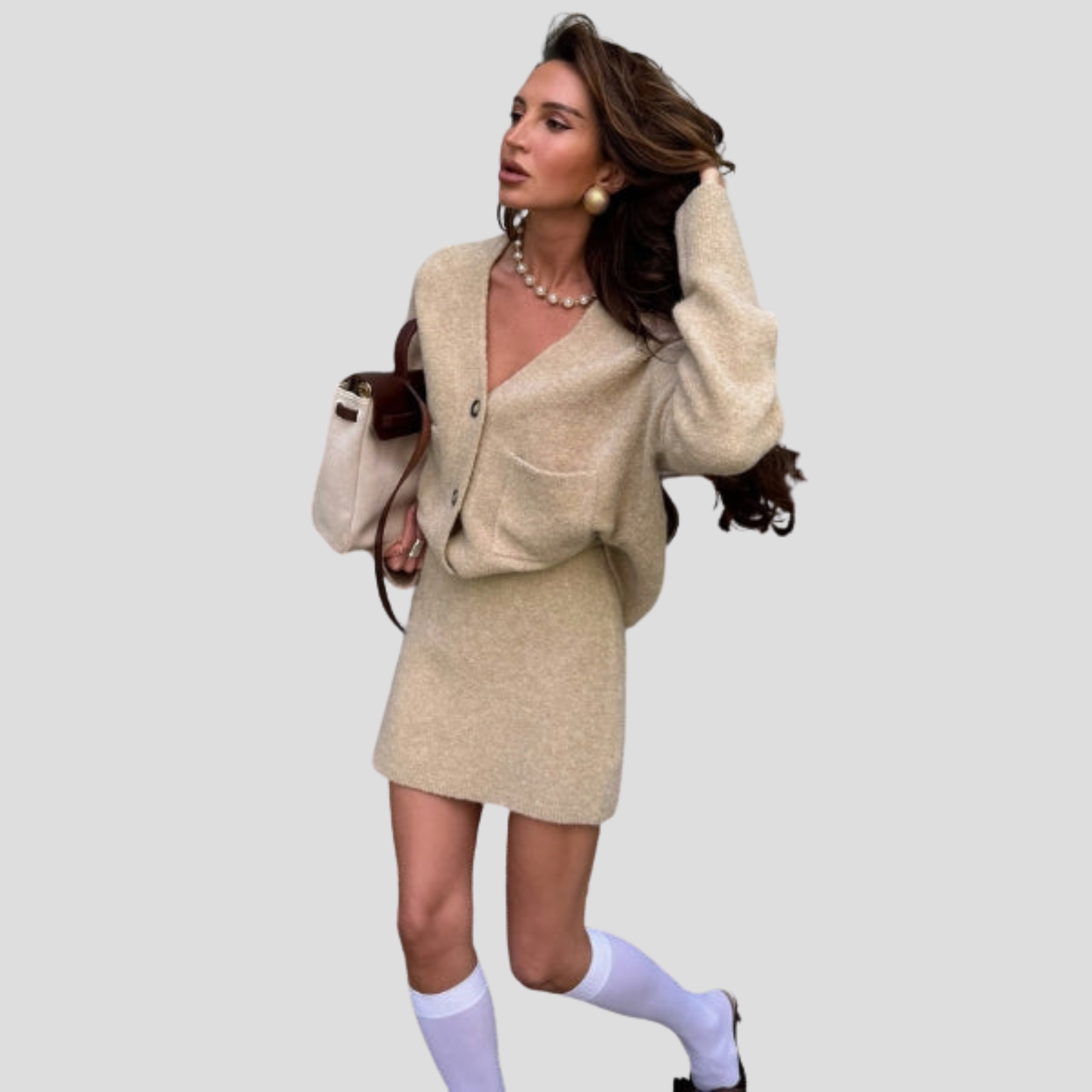 Women Cardigan Skirt Set | V-Neck Upper Form & Coordinated Mini Skirt Alignment for Daily Wear