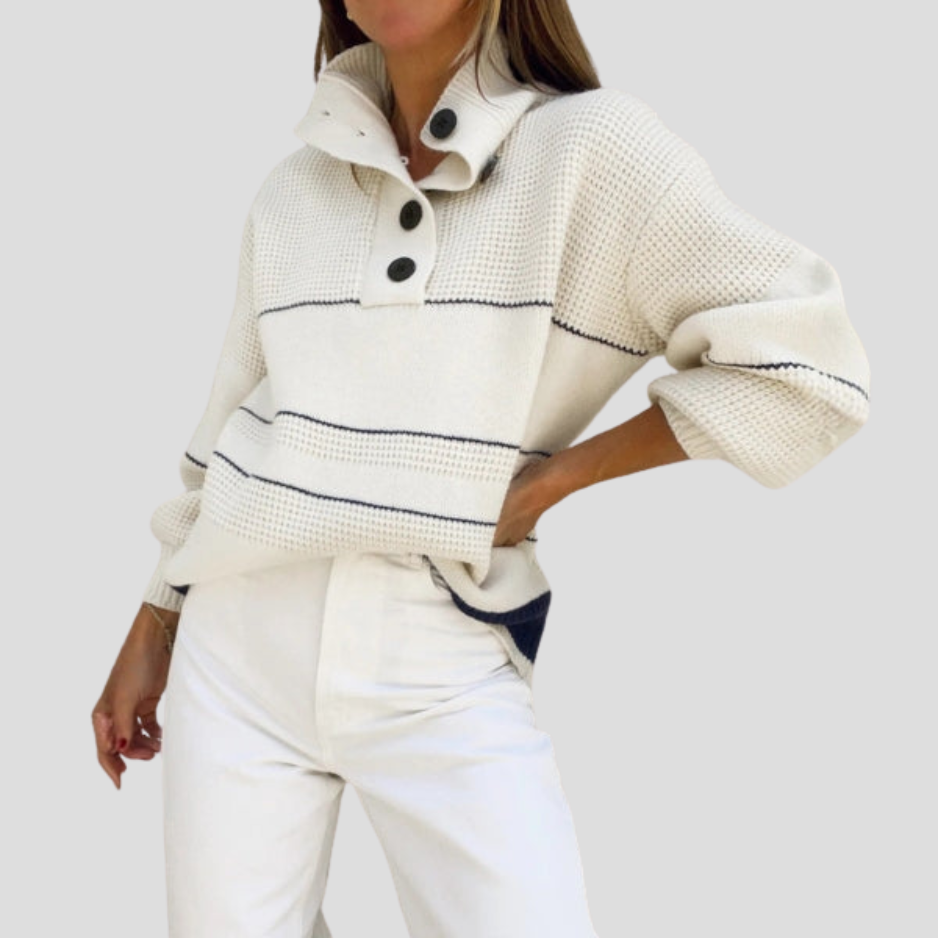 Women Sweater | Button Neck Detail & Textured Knit Silhouette for Daily Wear