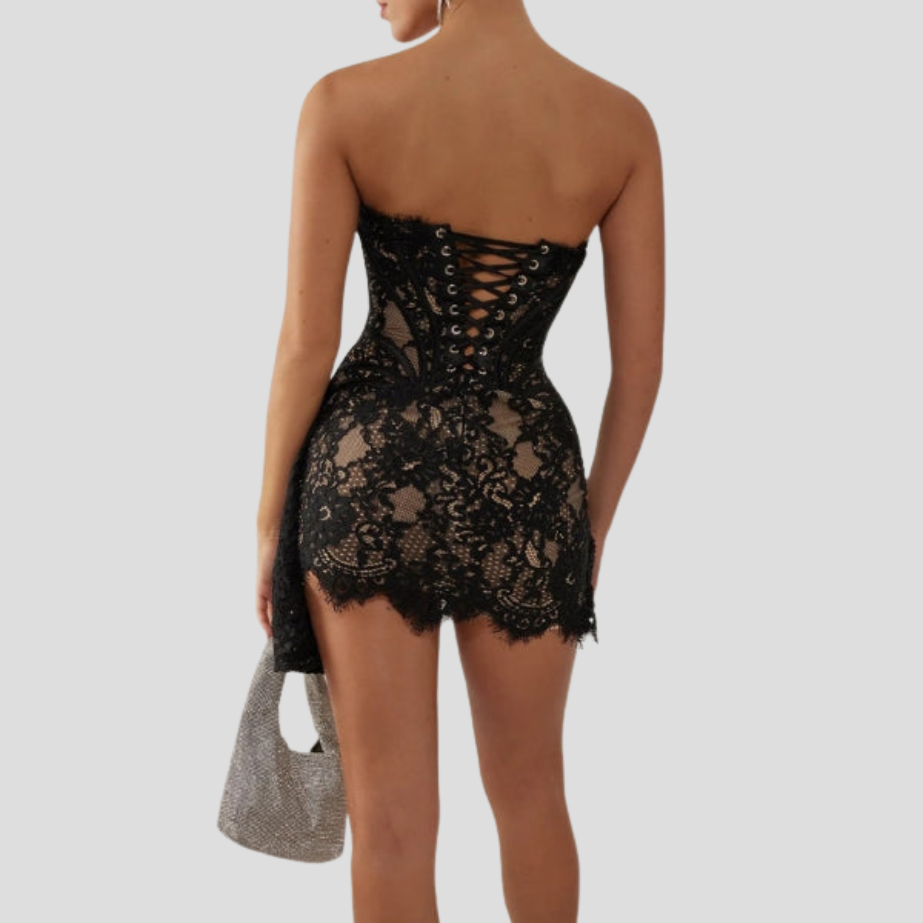 Women Corset Mini Dress | Strapless Boned Bodice & Asymmetrical Lace Detail for Evening Wear