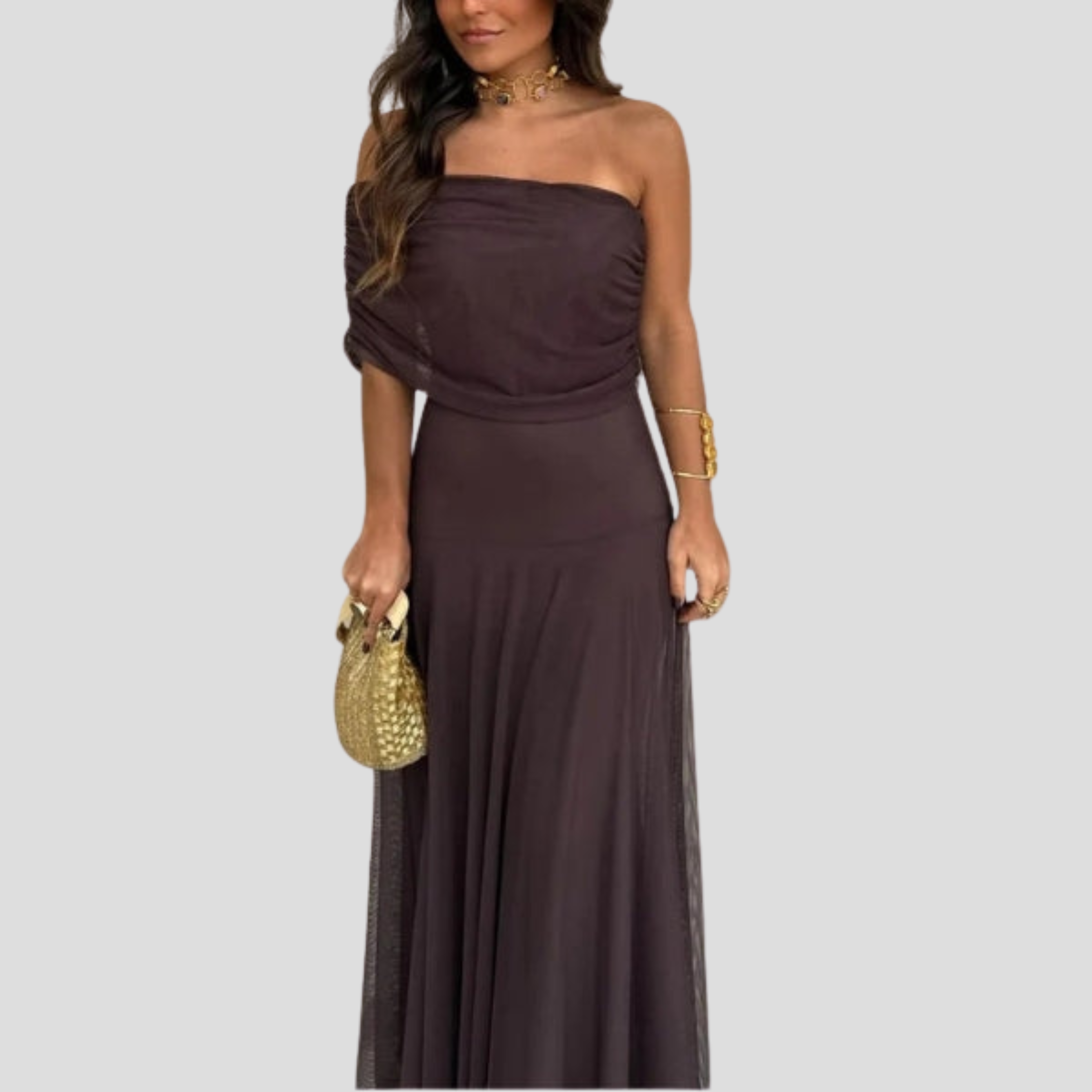 Women Maxi Dress | Off-Shoulder Neckline & Sheer Overlay Silhouette for Evening Wear