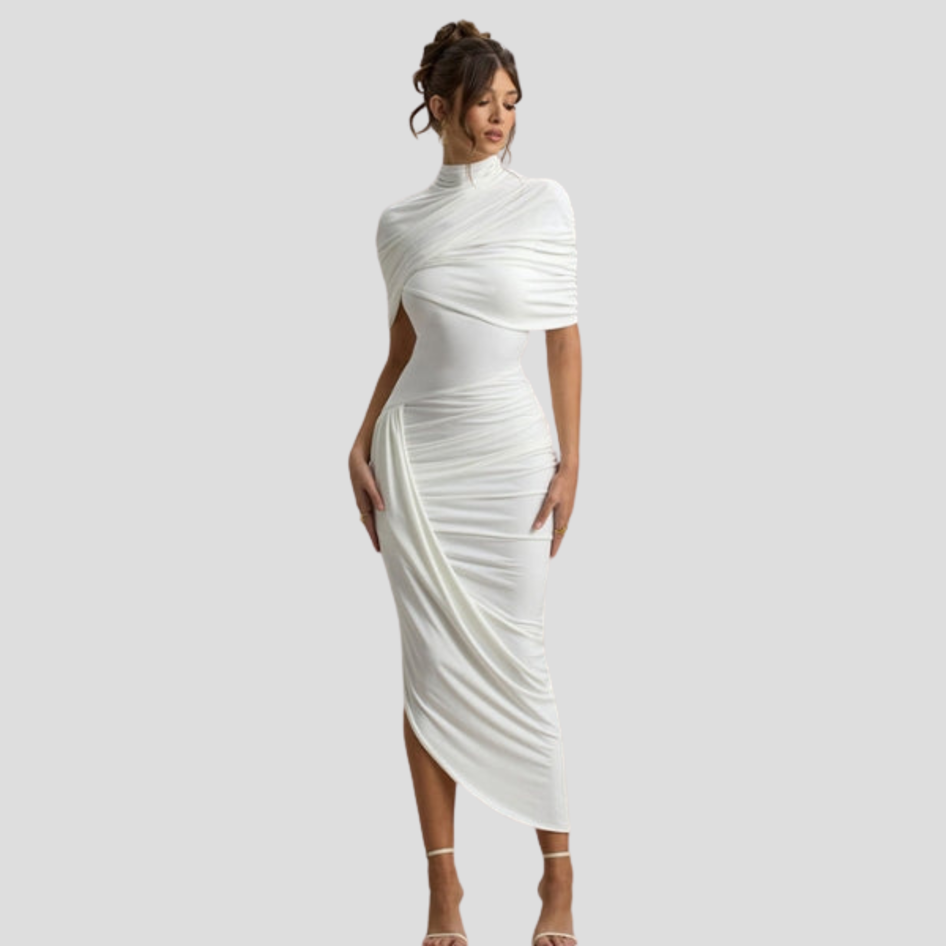 Women Maxi Dress | High Neck Cape Overlay & Asymmetrical Hem Silhouette for Evening Wear
