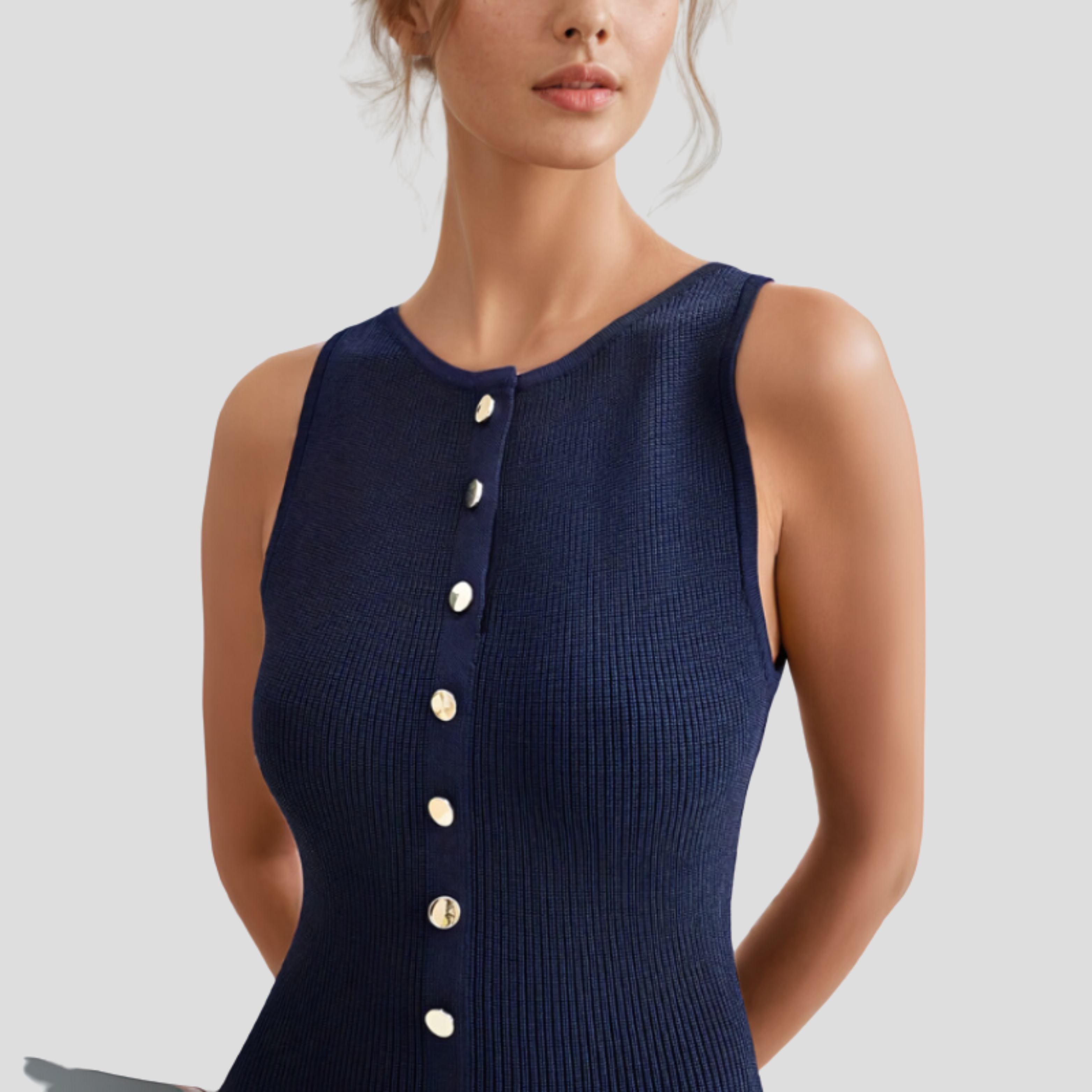 Women Midi Dress | Sleeveless Silhouette & Button-Front Detail for Daily Wear