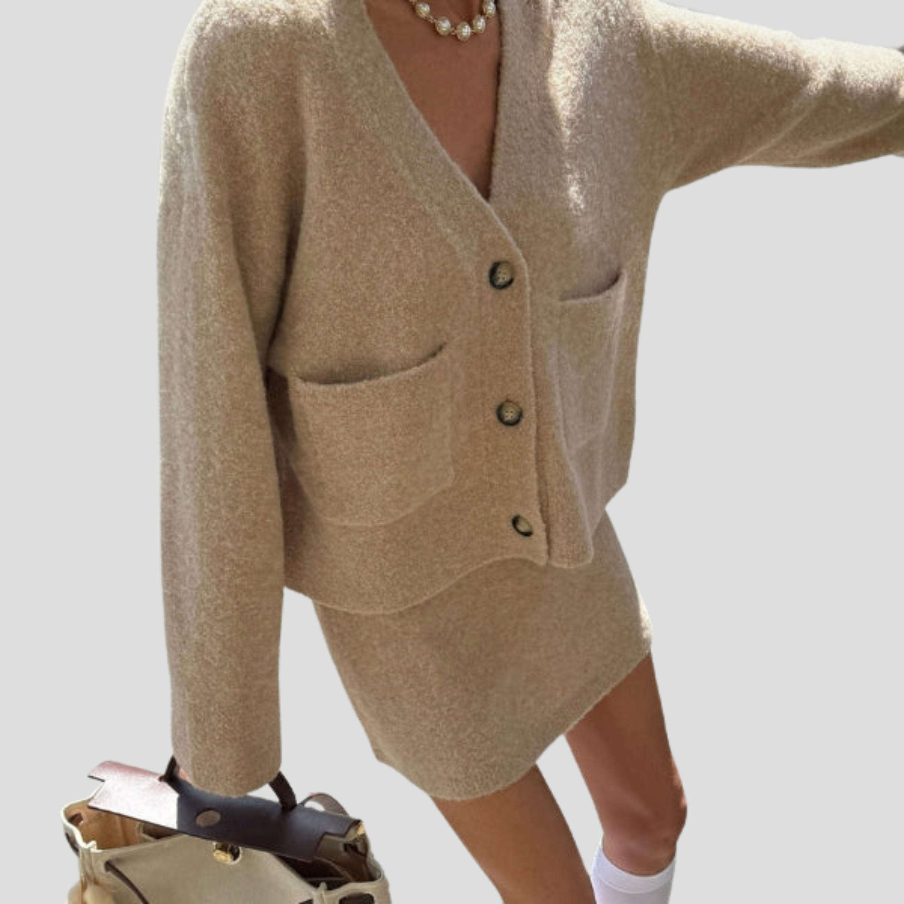 Women Cardigan Skirt Set | V-Neck Upper Form & Coordinated Mini Skirt Alignment for Daily Wear