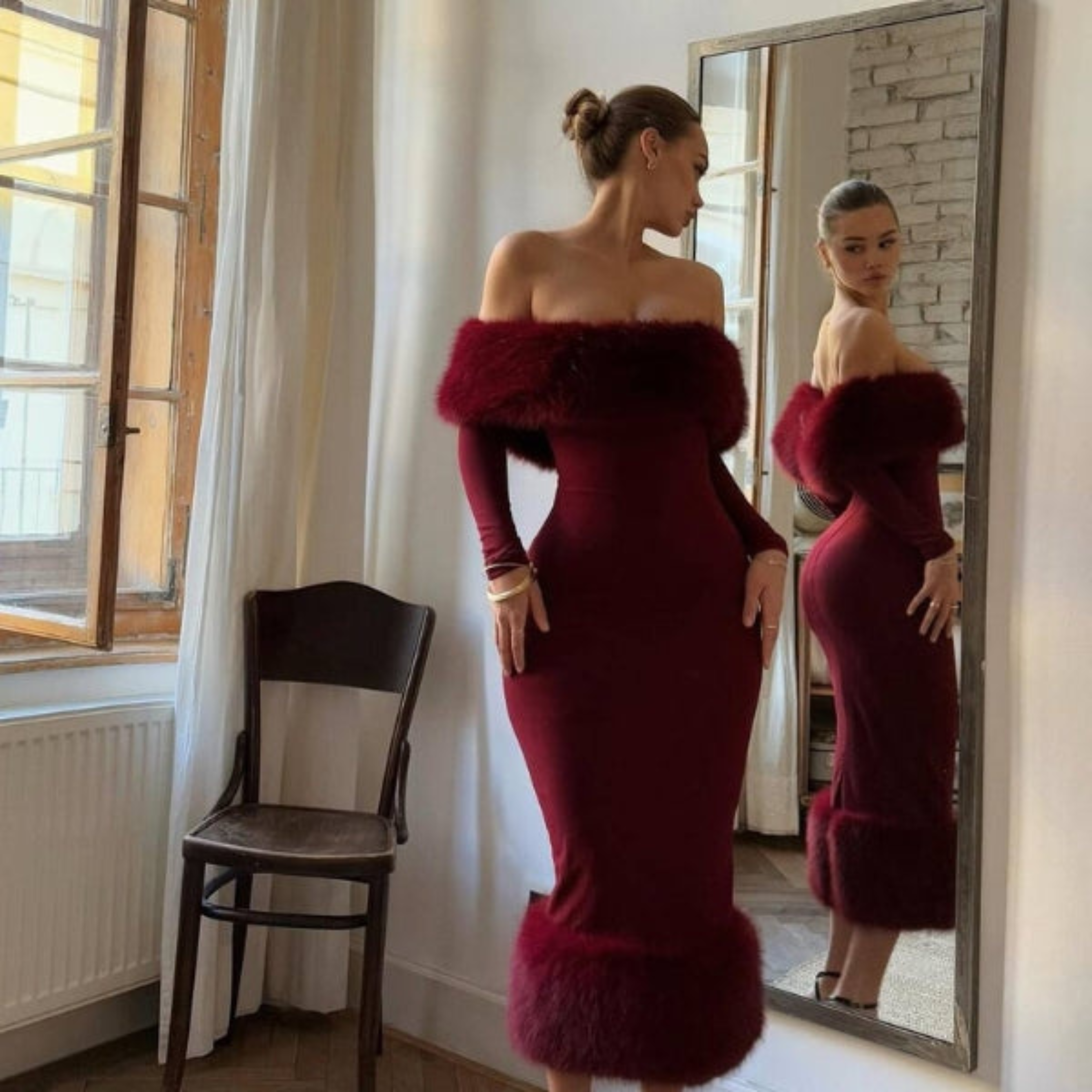 Women Maxi Dress | Off-Shoulder Neckline & Extended Hem Silhouette for Evening Wear