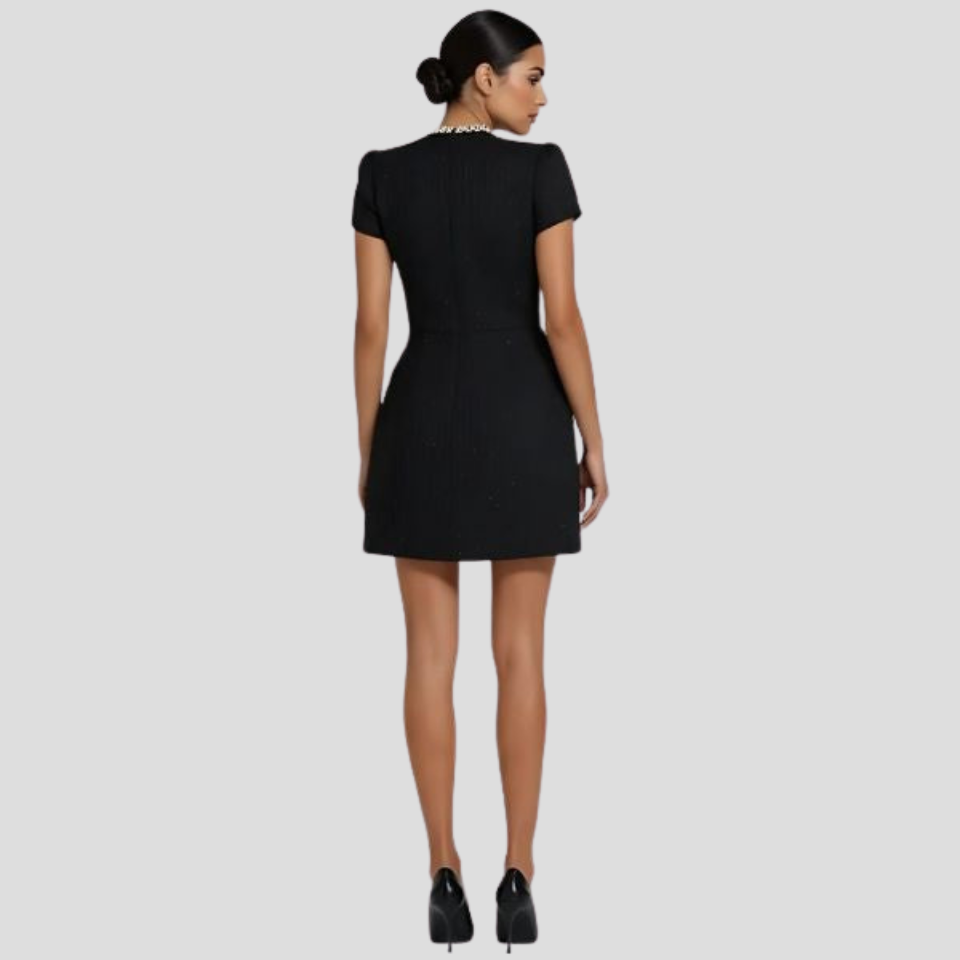 Women Mini Dress | Mock Neck Detail & Pearl-Trim Structured Silhouette for Evening Wear