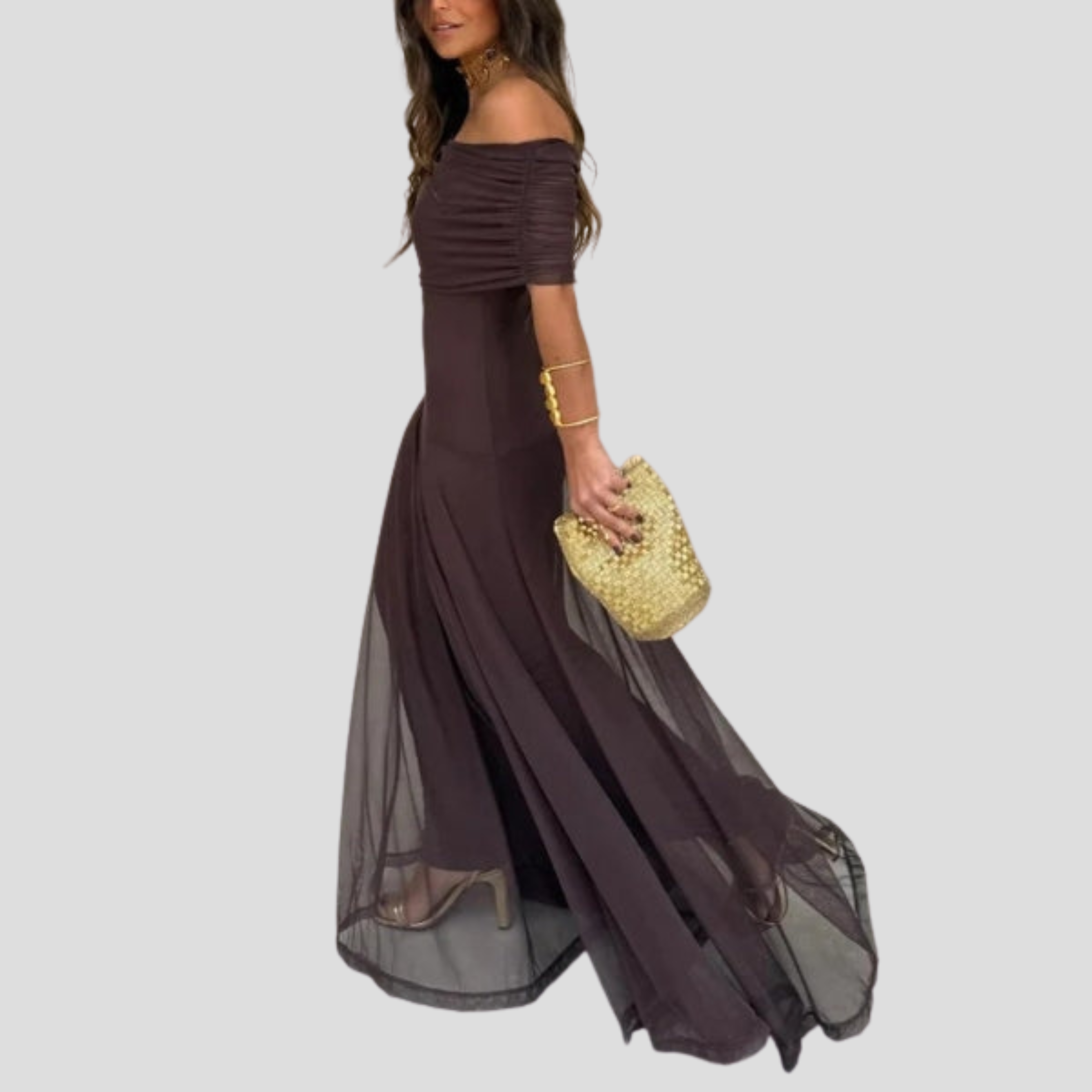 Women Maxi Dress | Off-Shoulder Neckline & Sheer Overlay Silhouette for Evening Wear