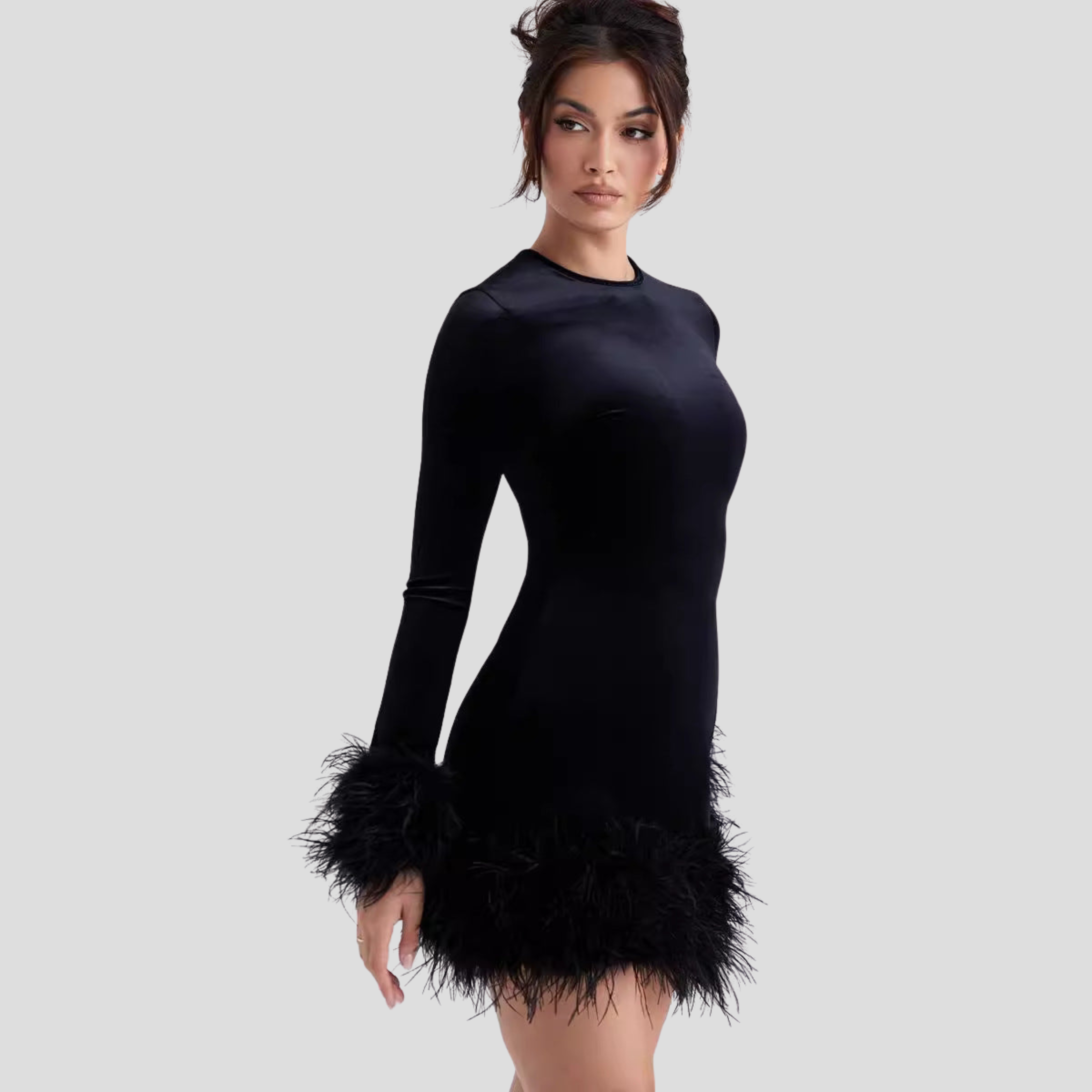 Women Mini Dress | Long Sleeve Silhouette & Feather-Trim Edge Detail for Evening Wear
