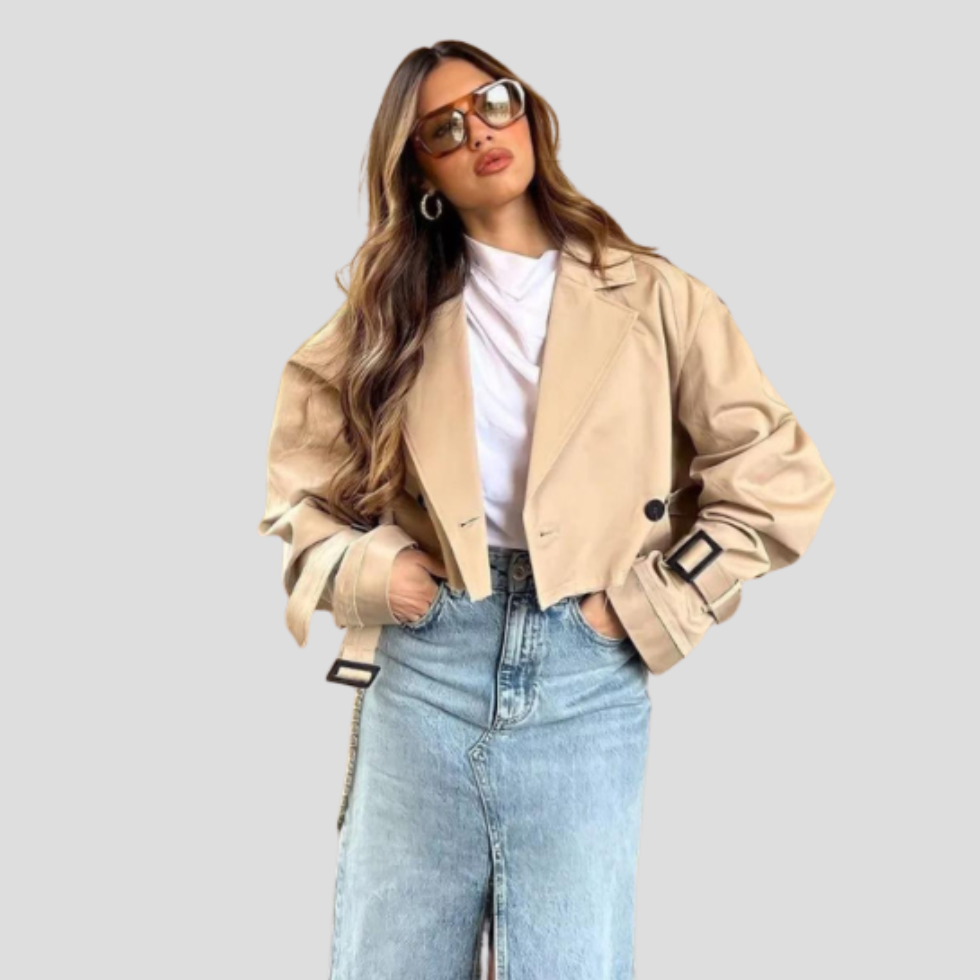 Women Jacket | Cropped Length & Belted Waist Structure for Daily Use