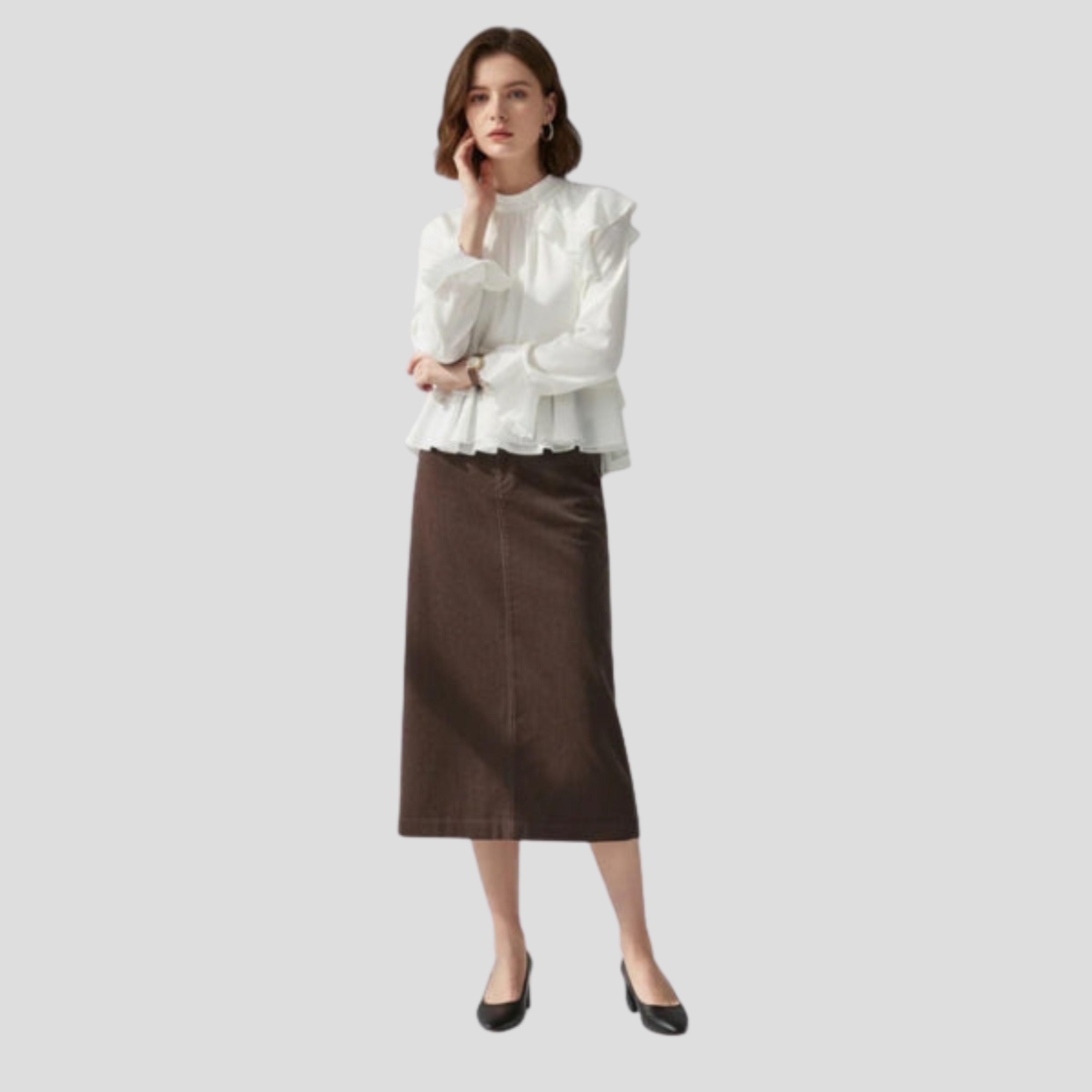 Women Midi Skirt | High-Waist Silhouette & Textured Vertical Rib Pattern for Daily Wear