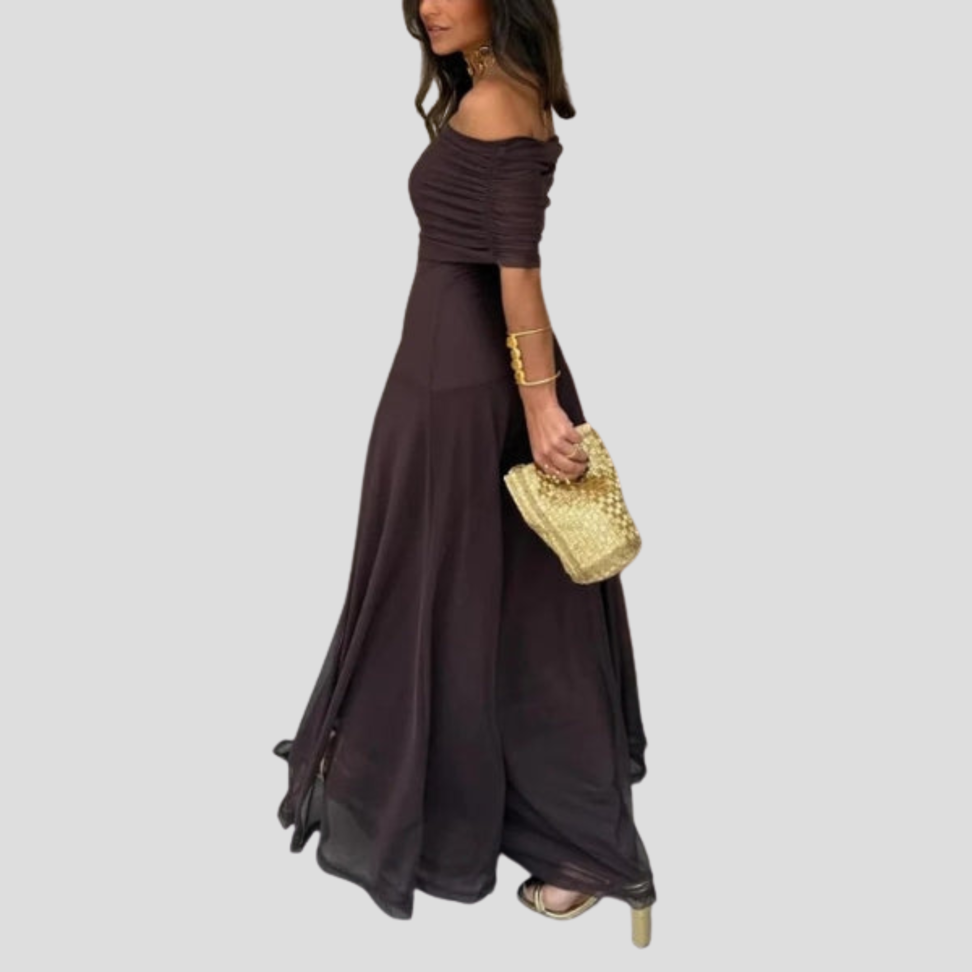 Women Maxi Dress | Off-Shoulder Neckline & Sheer Overlay Silhouette for Evening Wear