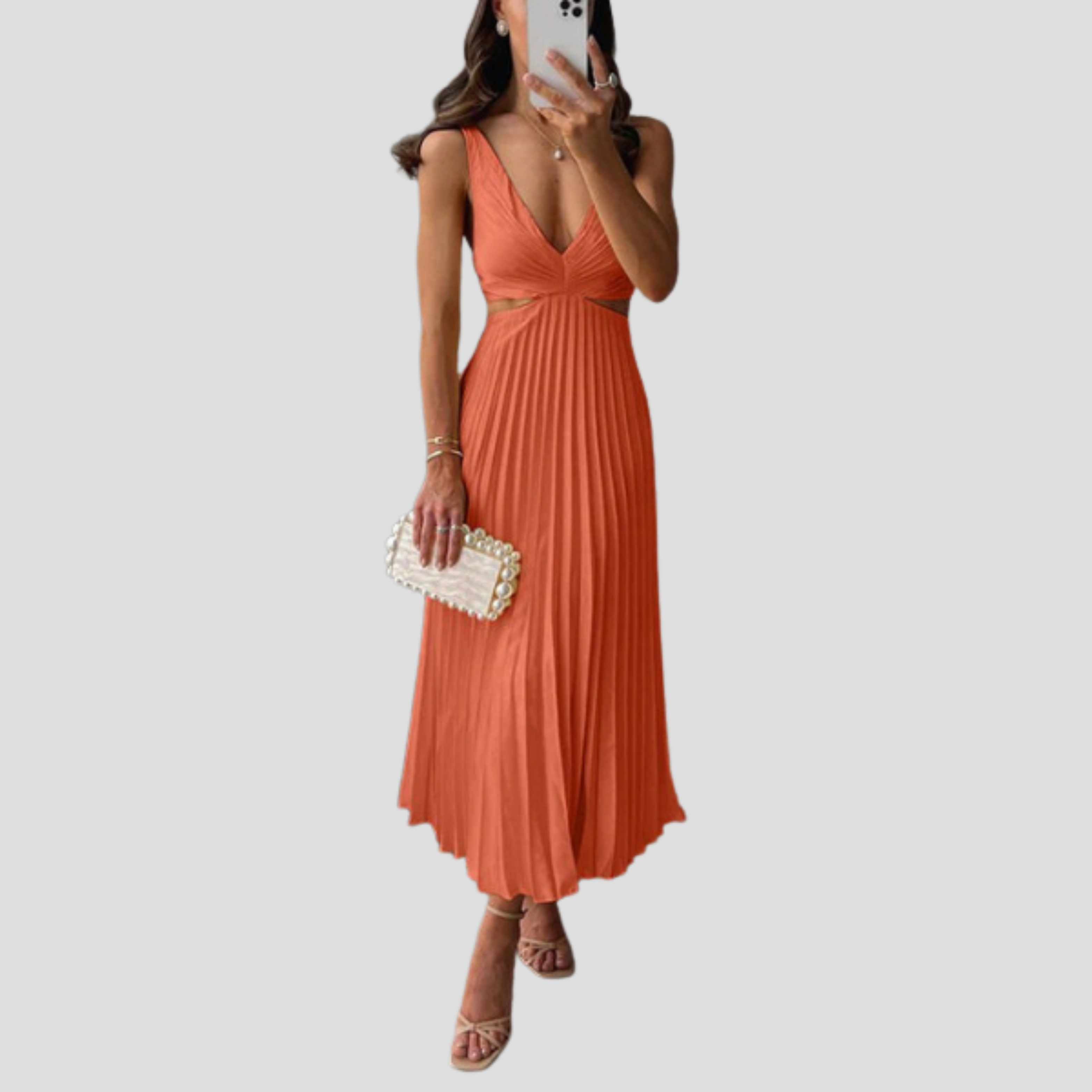 Women Midi Dress | V-Neckline Detail & Vertical Pleated Silhouette for Day Wear