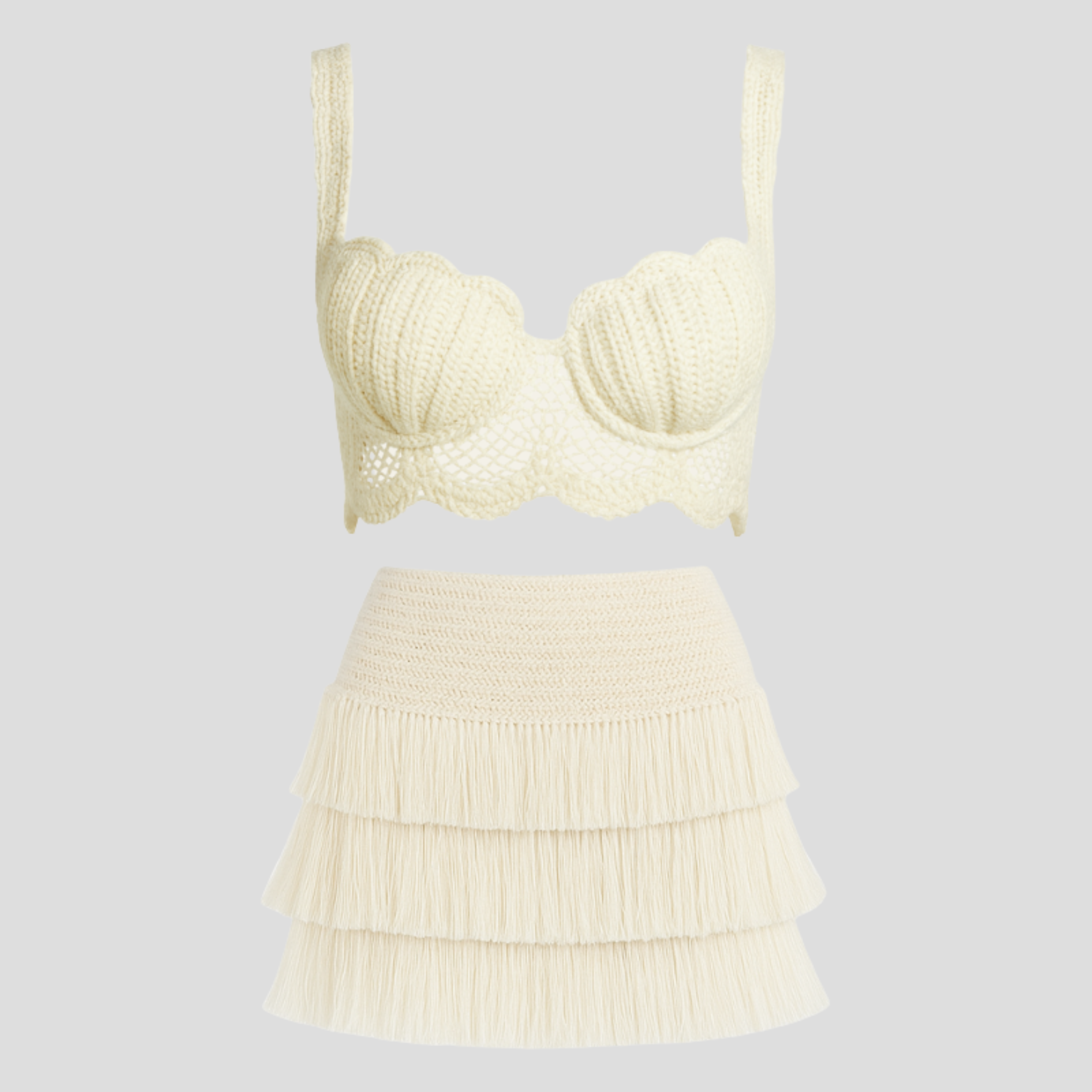 Women Crochet Set | Scalloped Upper Line & Tiered Fringe Skirt Form for Seasonal Wear