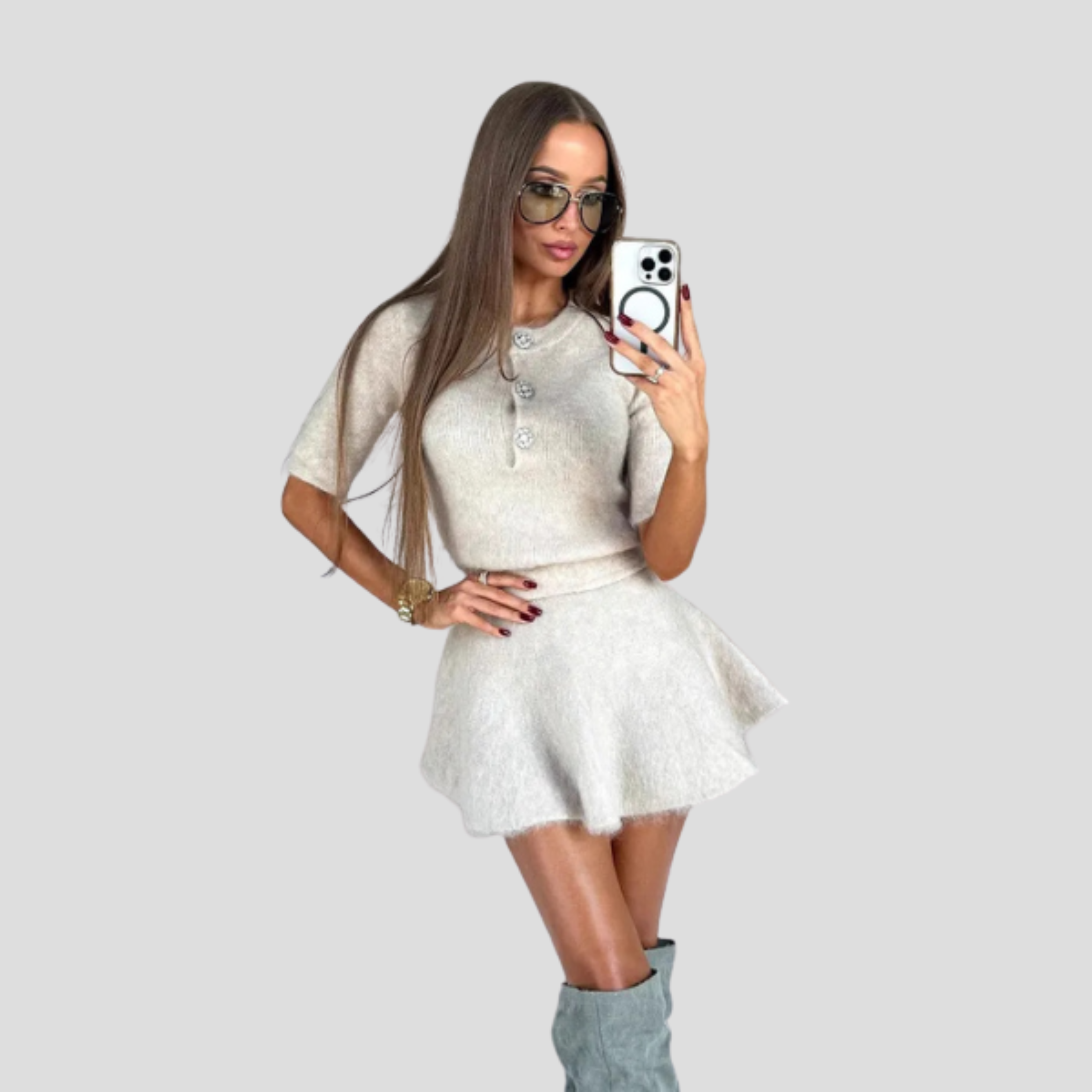 Women Knit Set | Jewel Button Upper Form & Flared Mini Skirt Alignment for Seasonal Wear