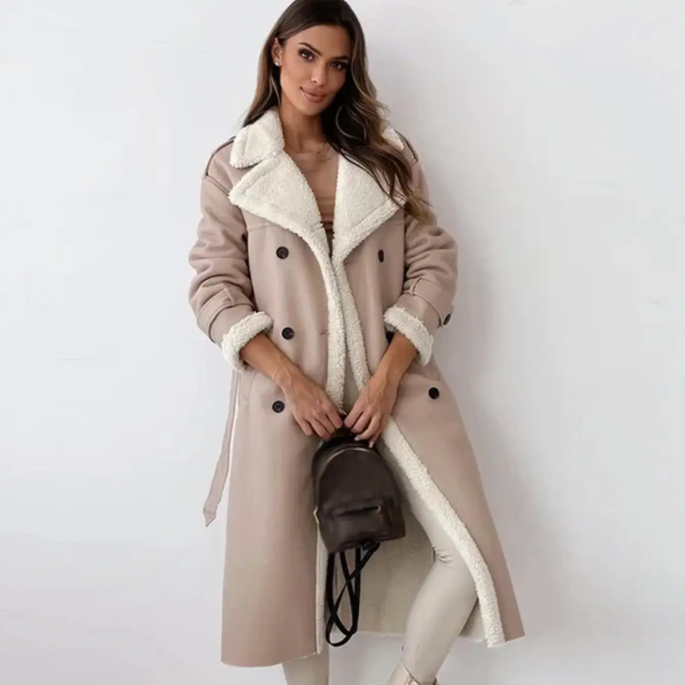 Women's Long Classic Coat | With Fleece Lining & Teddy Collar | Warm | Elegant | For Winter & Everyday