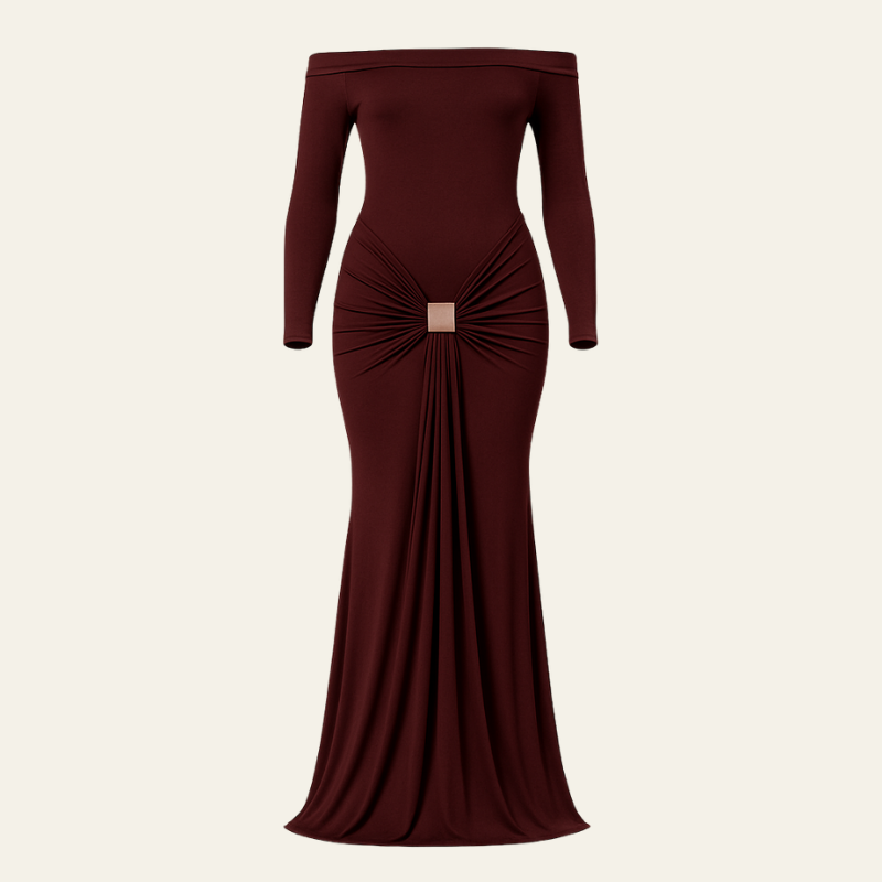 The Monaco Draped Off-Shoulder Evening Maxi Dress