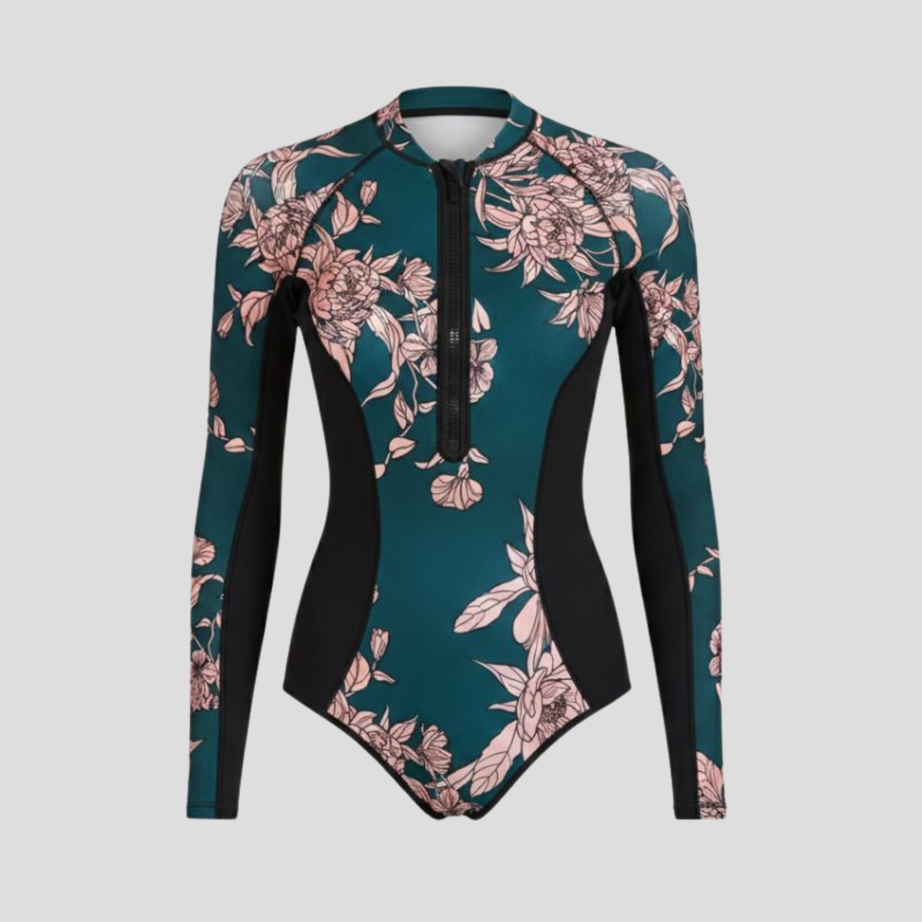 Women Long-Sleeve One-Piece Swimsuit | Zip-Front Neckline Form & Panel Alignment for Swimwear