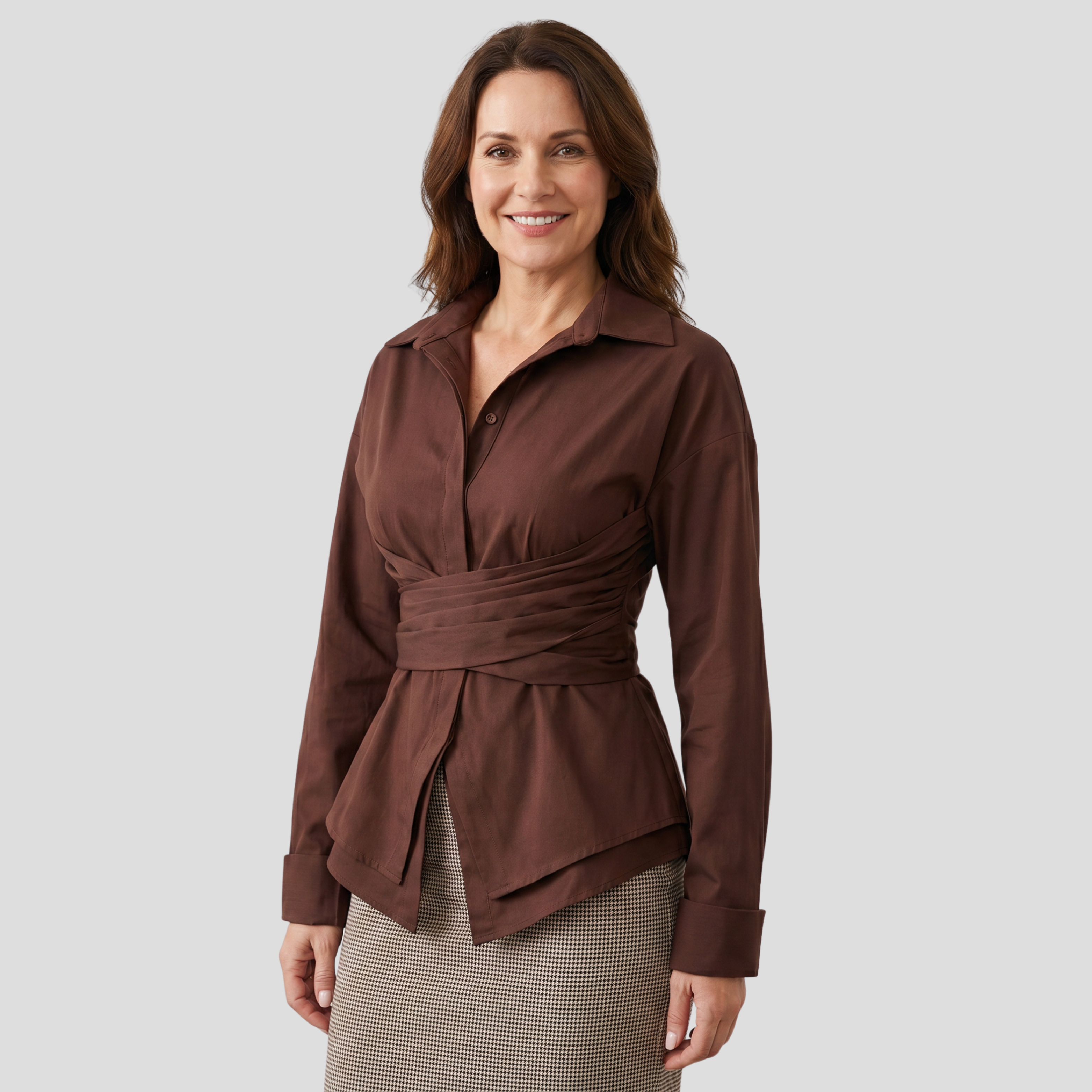 Women Wrap-Tie Shirt | Open Collar Form & Peplum Hem Alignment for Daily Wear