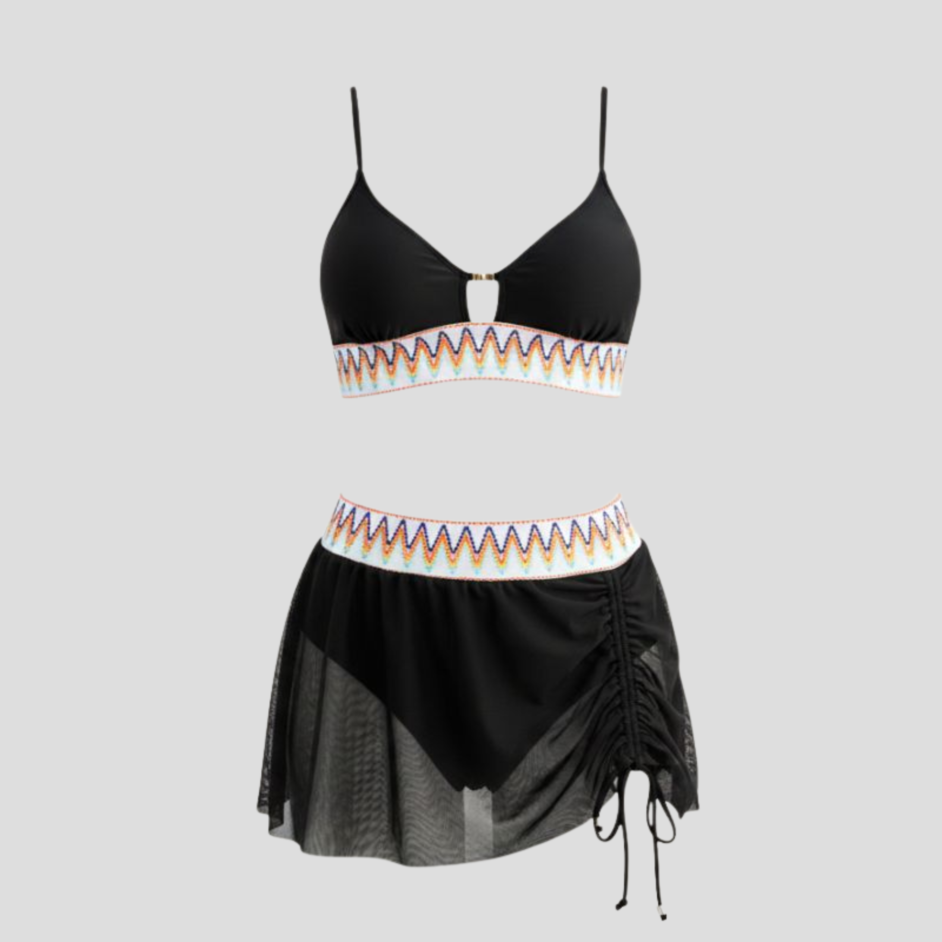 Women Three-Piece Swimwear Set | Embroidered Waistband Form & Tulle Skirt Alignment for Resort Wear
