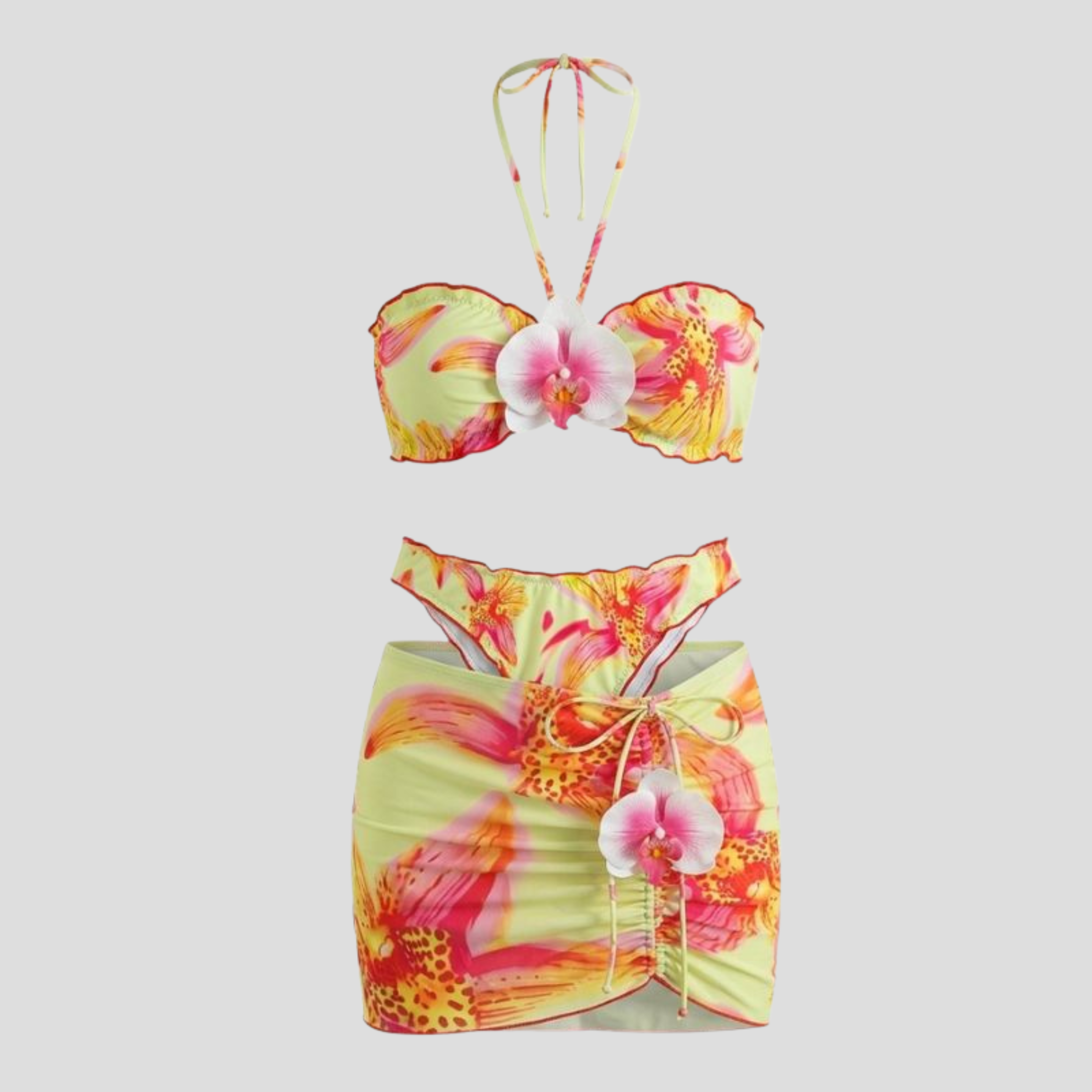 Women Three-Piece Resort Set | Floral Pattern Form & Wrap-Skirt Alignment for Beachwear