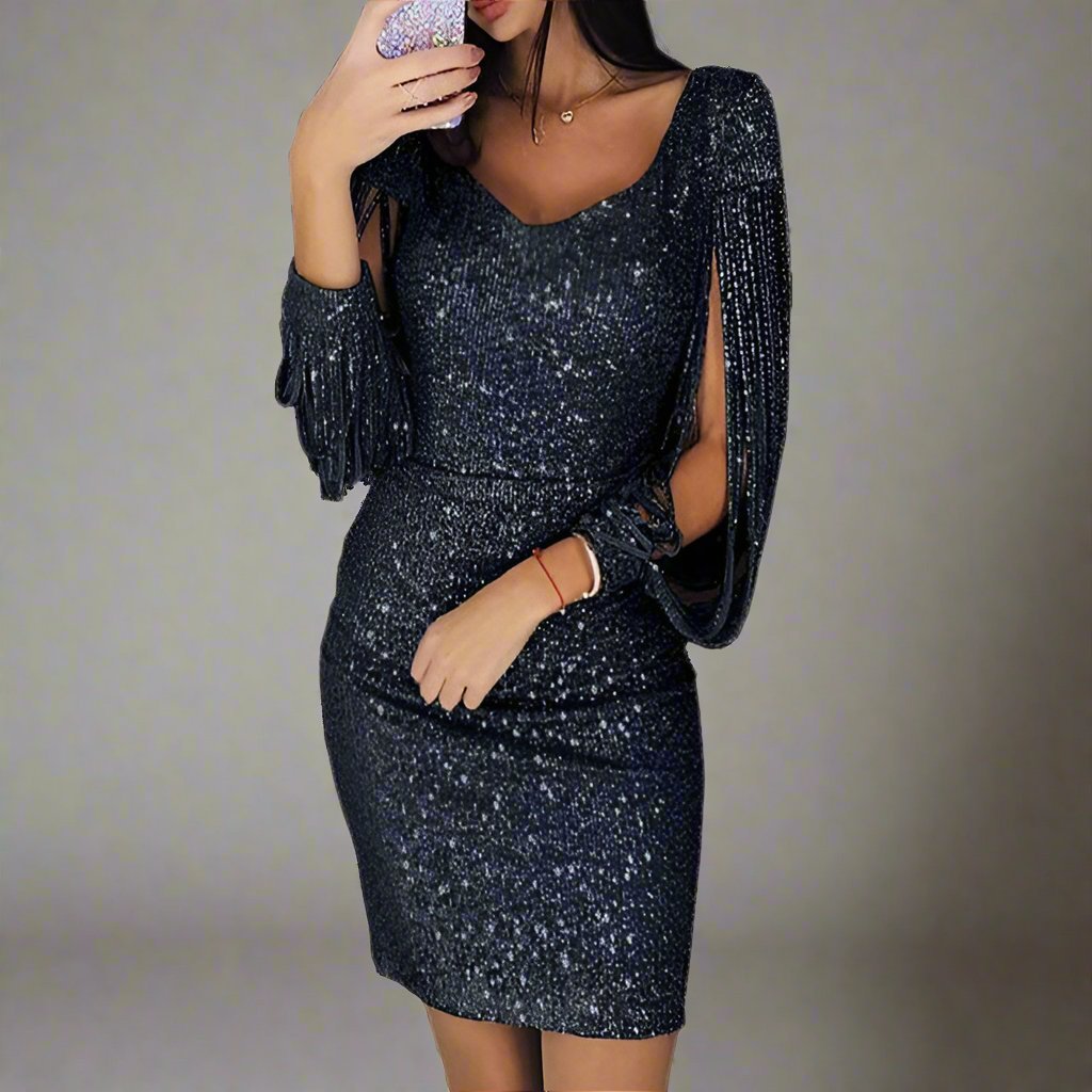 Ladies' Sequin Party Dress with V-Neck | Elegant | Short Sleeve | Shiny | Festive & Holiday Style
