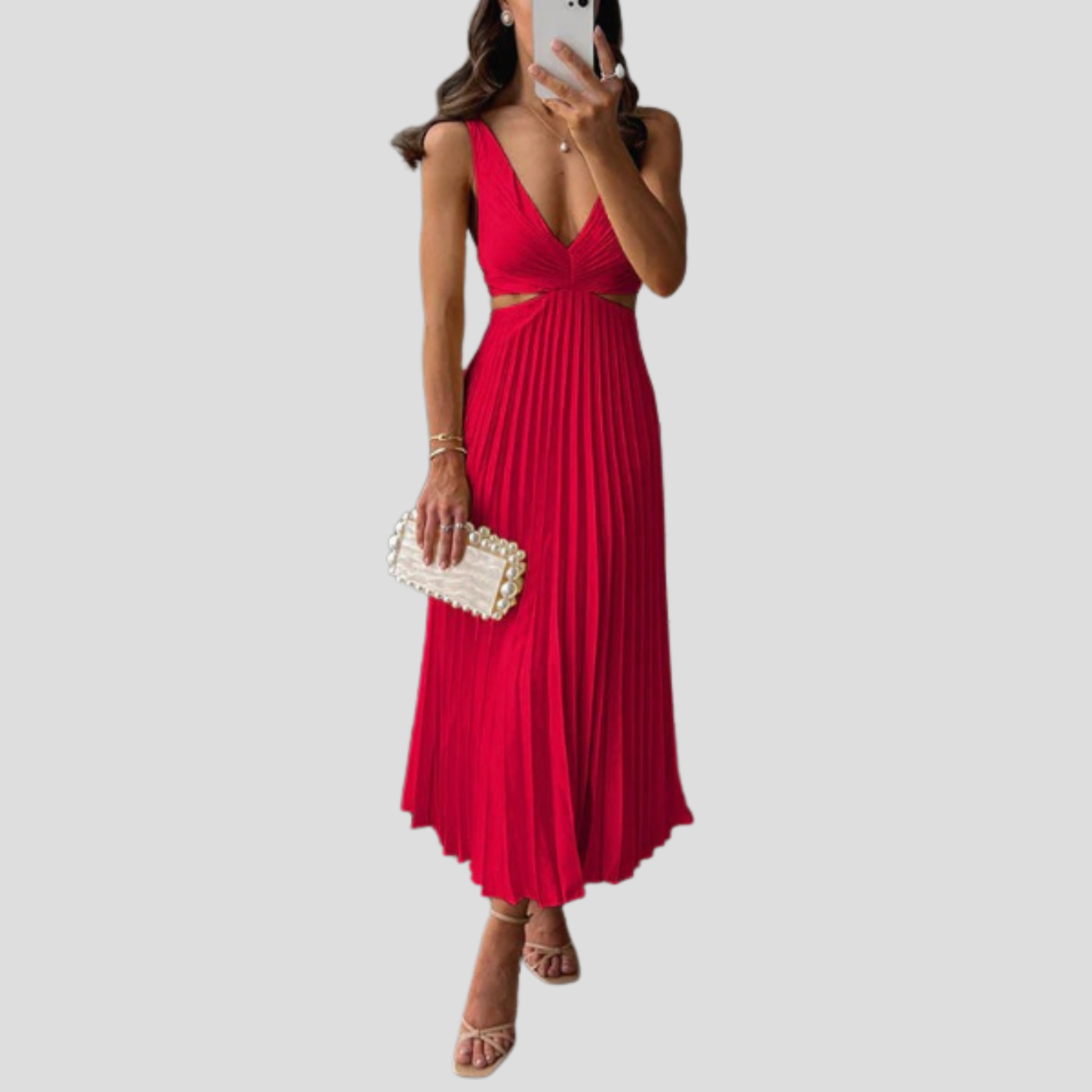 Women Midi Dress | V-Neckline Detail & Vertical Pleated Silhouette for Day Wear