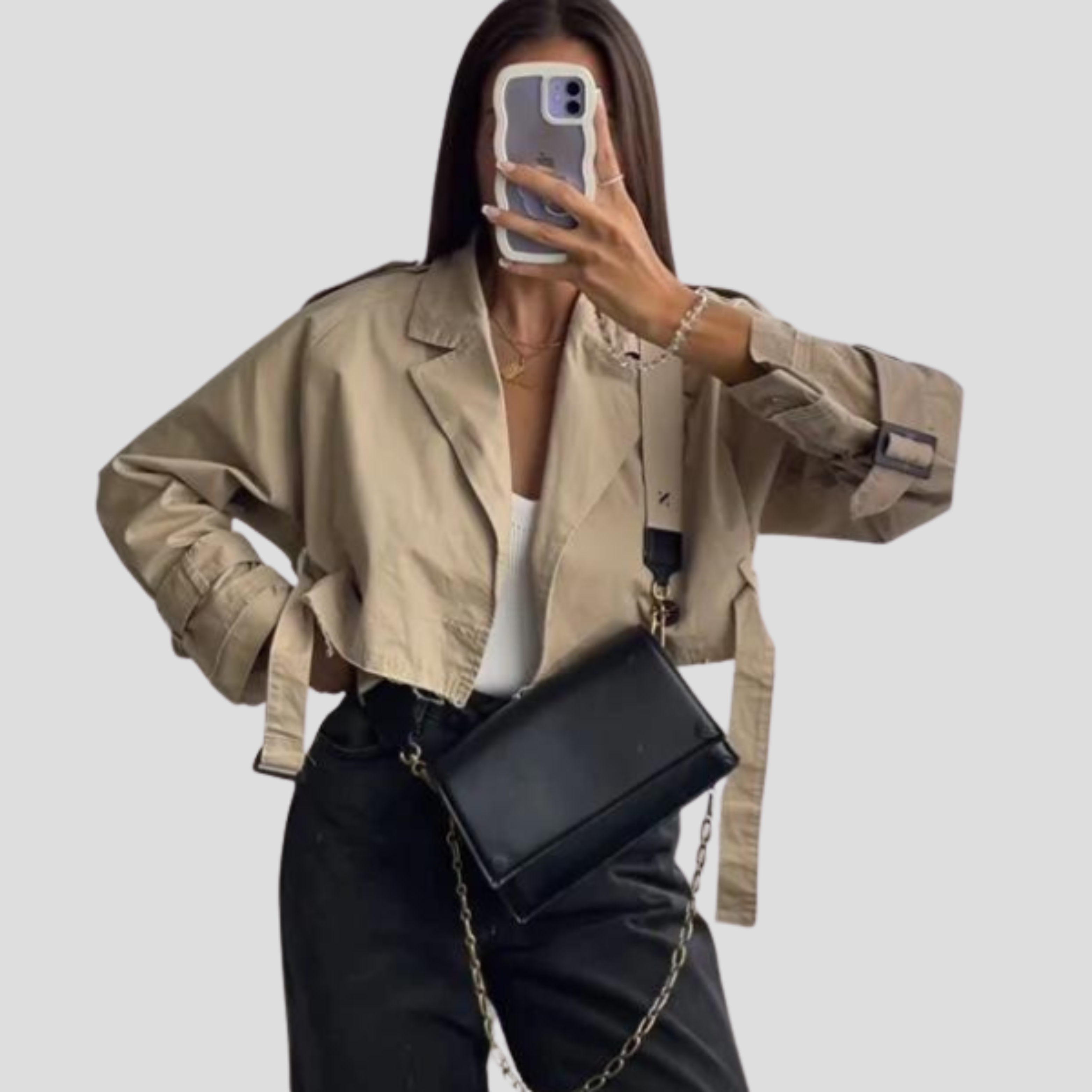 Women Jacket | Cropped Length & Belted Waist Structure for Daily Use